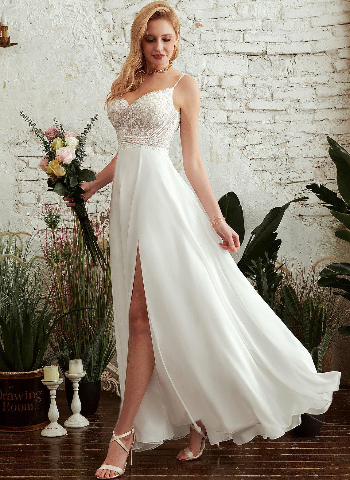 Floor-Length Paulina Chiffon A-Line Wedding Wedding Dresses V-neck Lace Dress