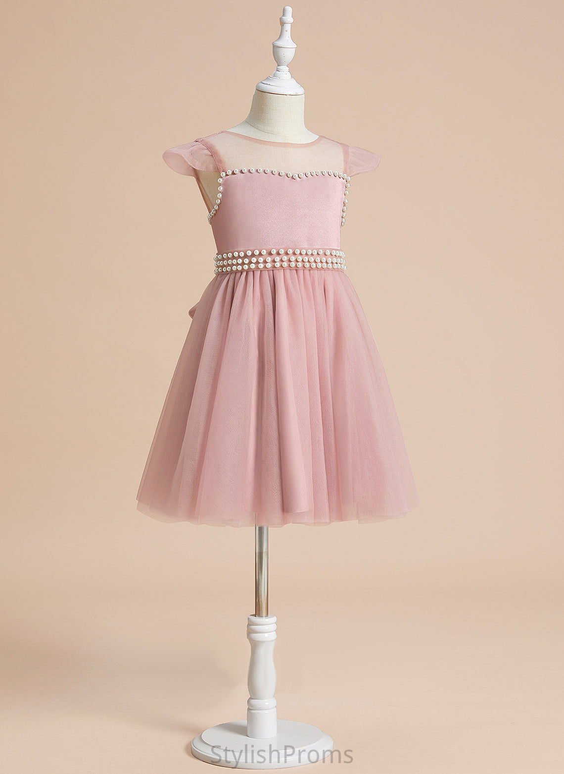 A-Line Selena Flower - Beading/Bow(s) Neck Girl Flower Girl Dresses Scoop Sleeveless Knee-length Dress Satin/Tulle With