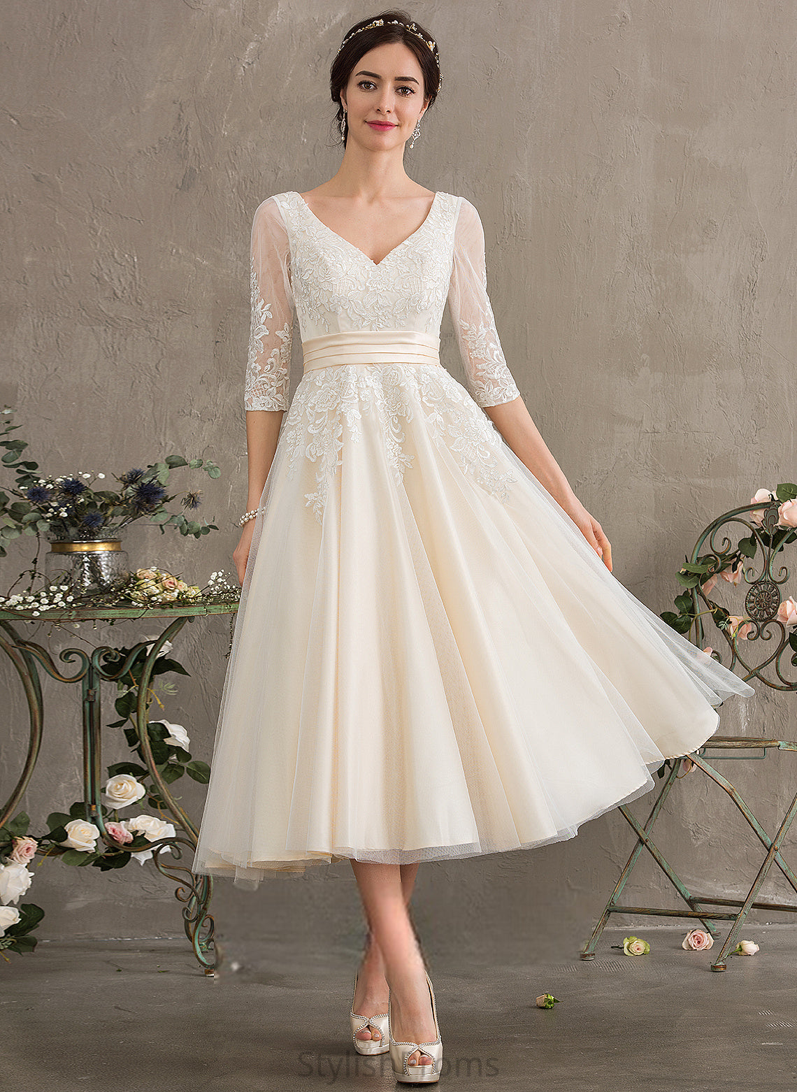 V-neck Dress Wedding Ball-Gown/Princess Tulle Bailee Tea-Length Lace Wedding Dresses