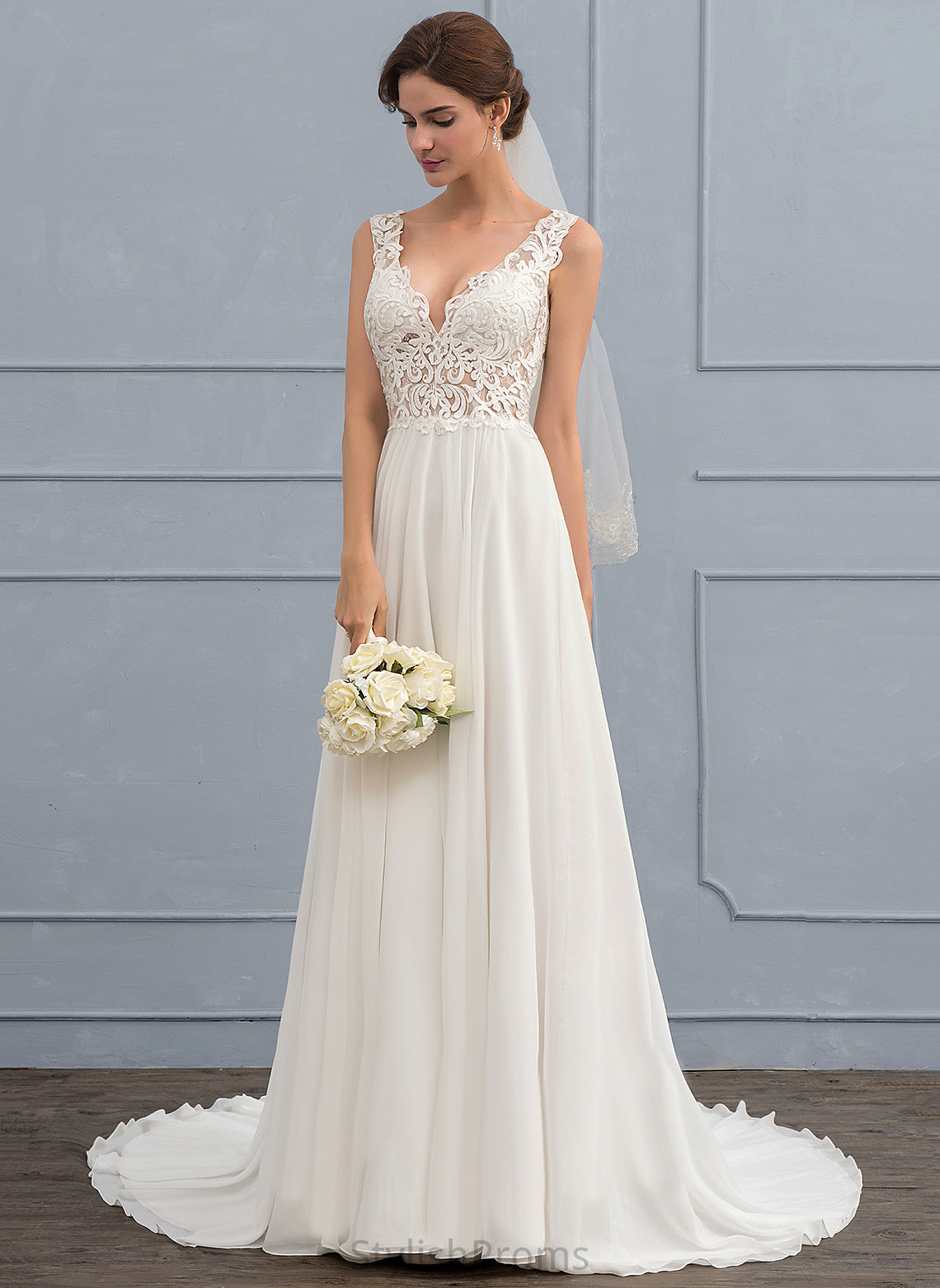 Gabrielle V-neck Wedding Dresses Dress Court Lace A-Line Chiffon Wedding Train