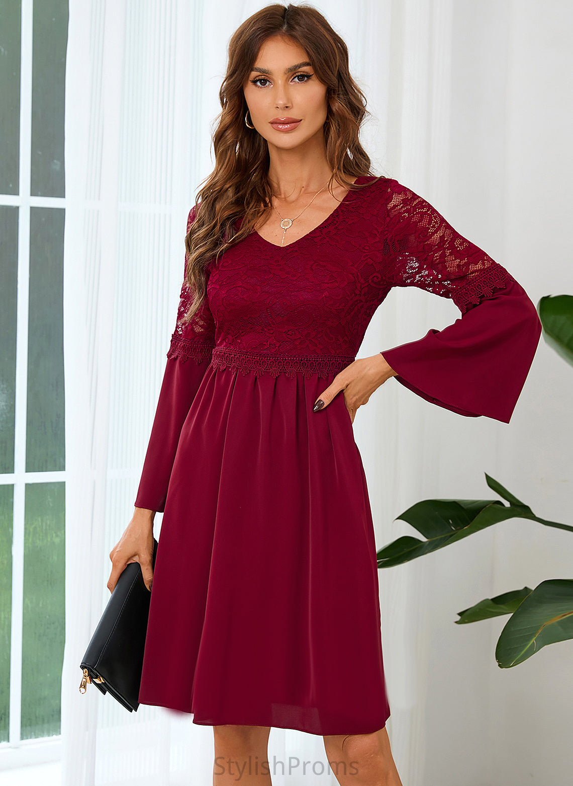 Lace V-Neck Sleeves Club Dresses Lace Dresses Long A-line Barbara Mini Elegant