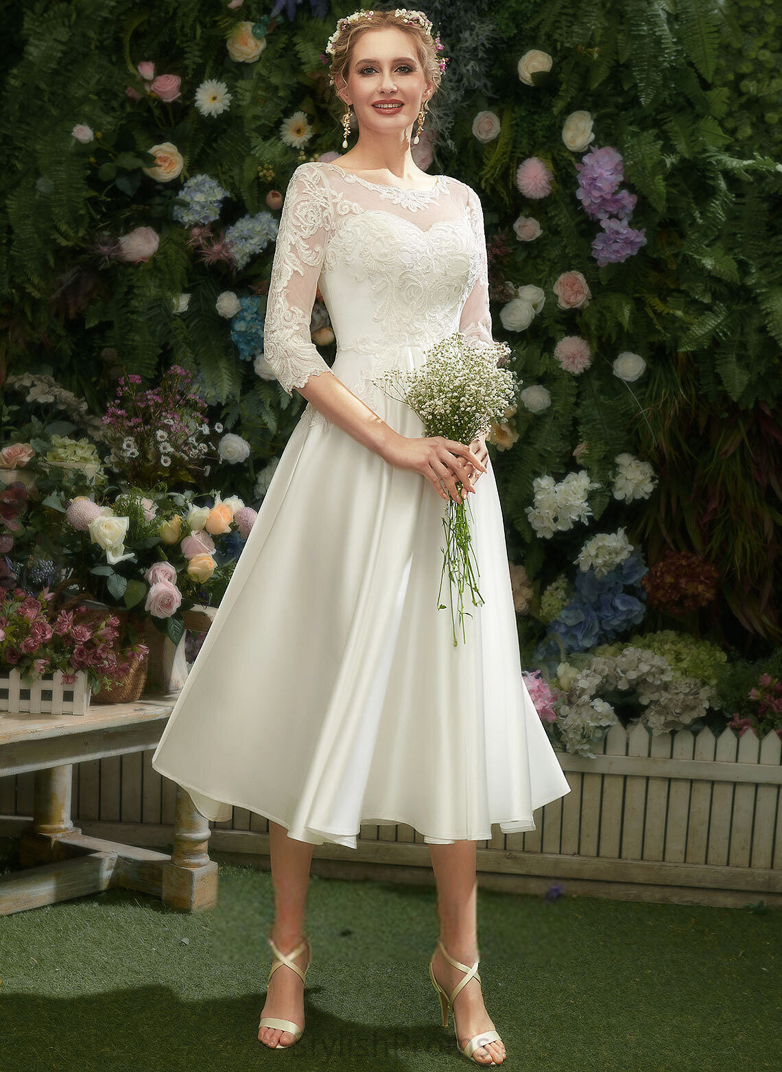 Tea-Length With Wedding A-Line Wedding Dresses Illusion Satin Dress Holly Lace