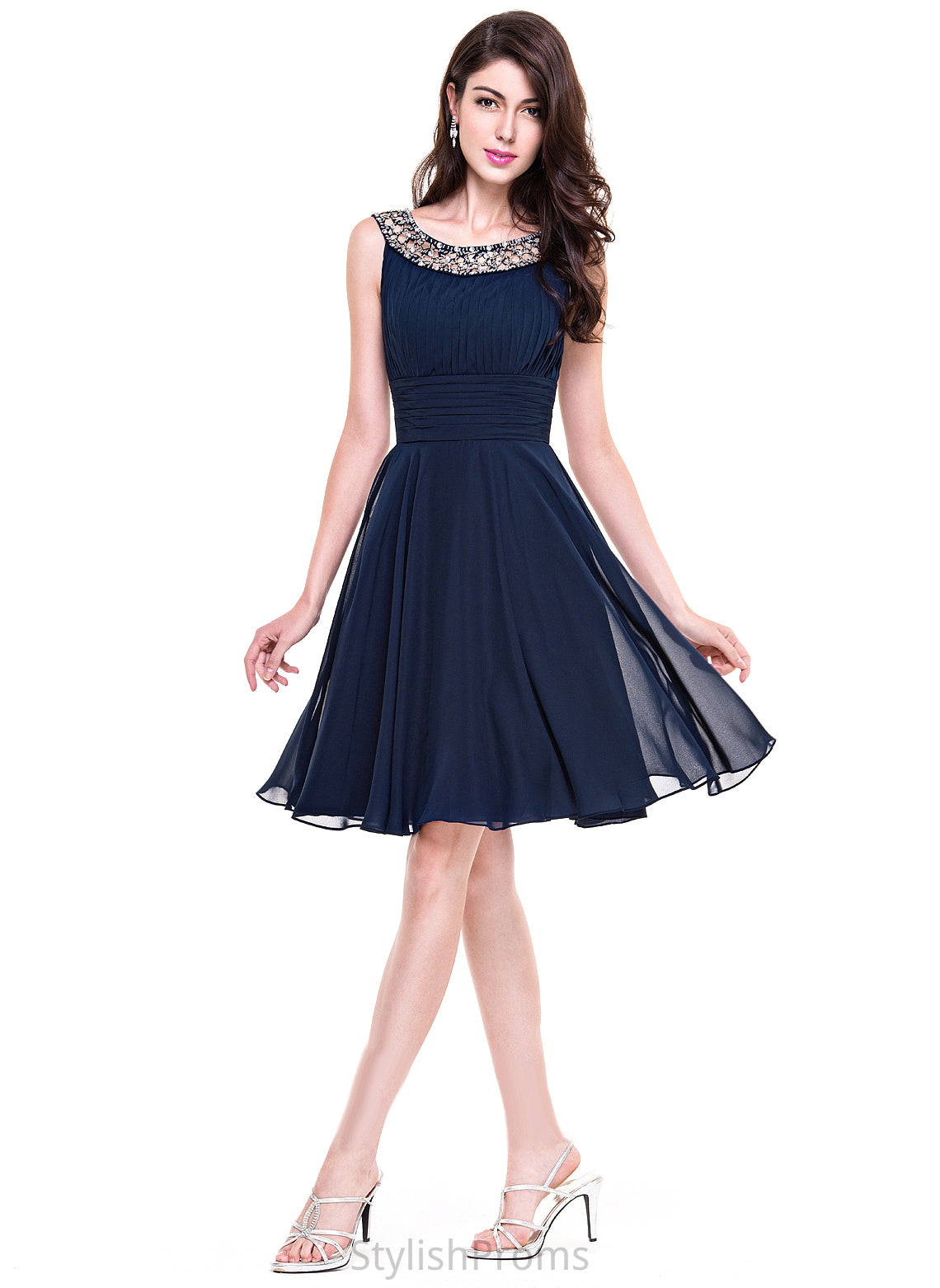 Neck Xiomara With Cocktail Dresses Scoop Dress Ruffle Knee-Length Chiffon A-Line Beading Cocktail