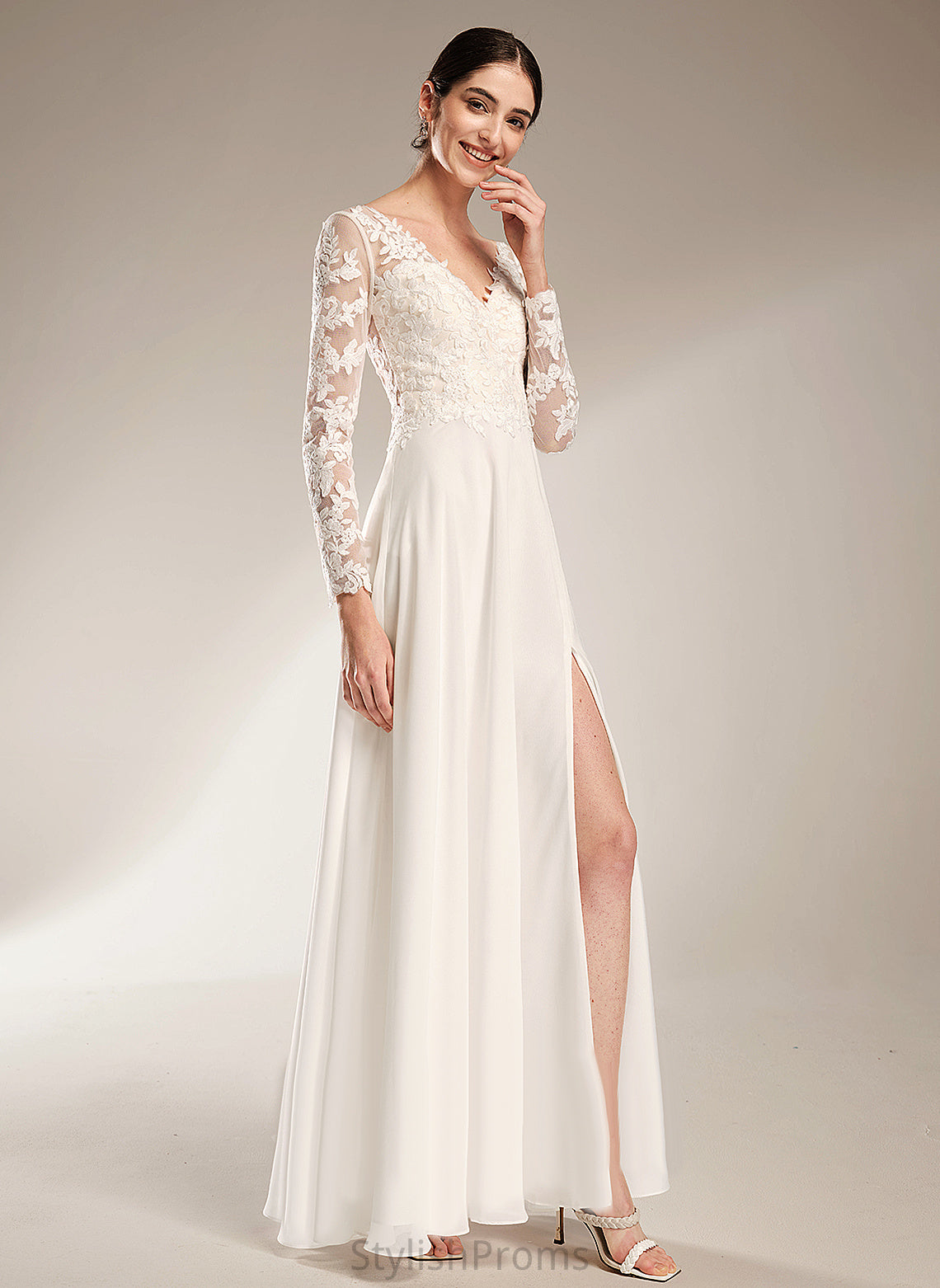 V-neck Minnie A-Line Lace Wedding Dresses Floor-Length Wedding Dress Chiffon