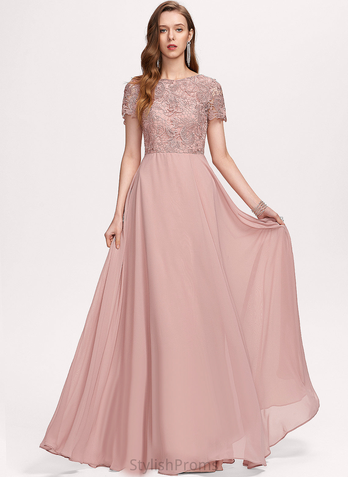 Chiffon A-Line Lace Angeline Floor-Length Scoop Prom Dresses