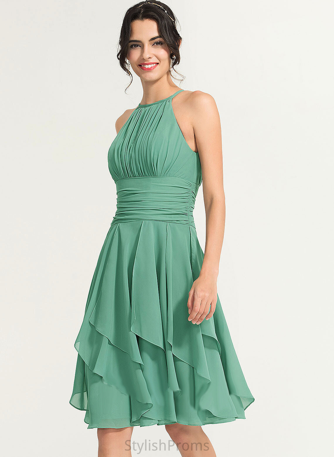 Elisabeth Ruffles Chiffon Scoop Cocktail Dresses Cocktail Neck Ruffle Dress Cascading Knee-Length With A-Line