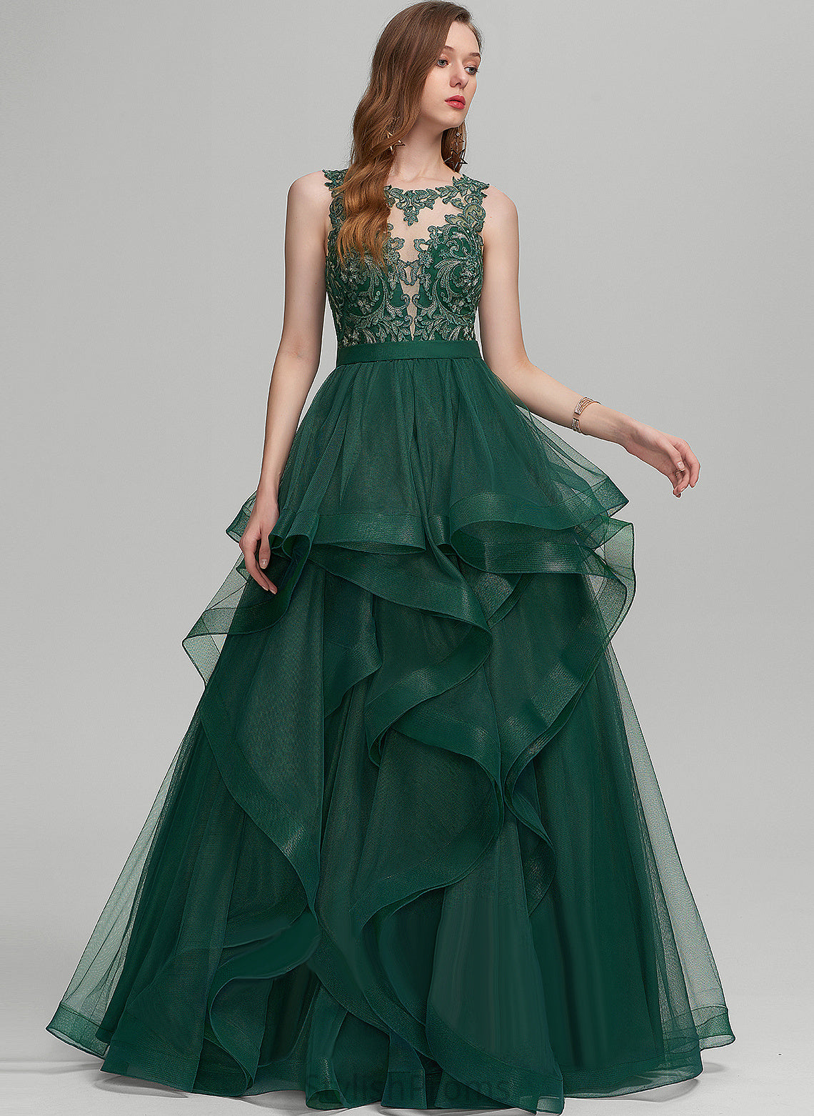 Prom Dresses Illusion Scoop Ariel Lace Floor-Length Ball-Gown/Princess Tulle