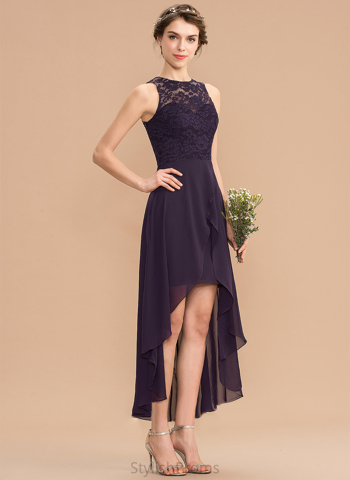 Asymmetrical Lace Cocktail Dresses Scoop Neck Cocktail A-Line Dress Chiffon Marian