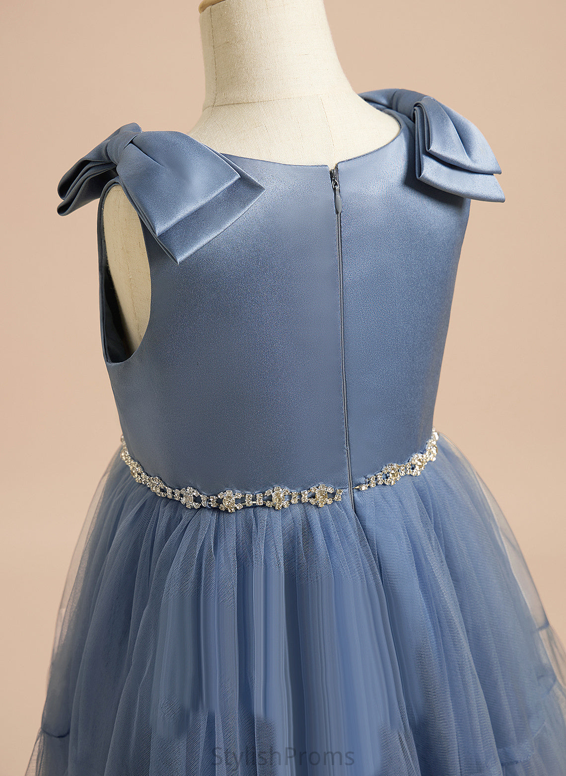 Amya Flower Girl Dresses Flower Neck Girl - Satin/Tulle Sleeveless Dress With Scoop A-Line Knee-length Beading/Bow(s)