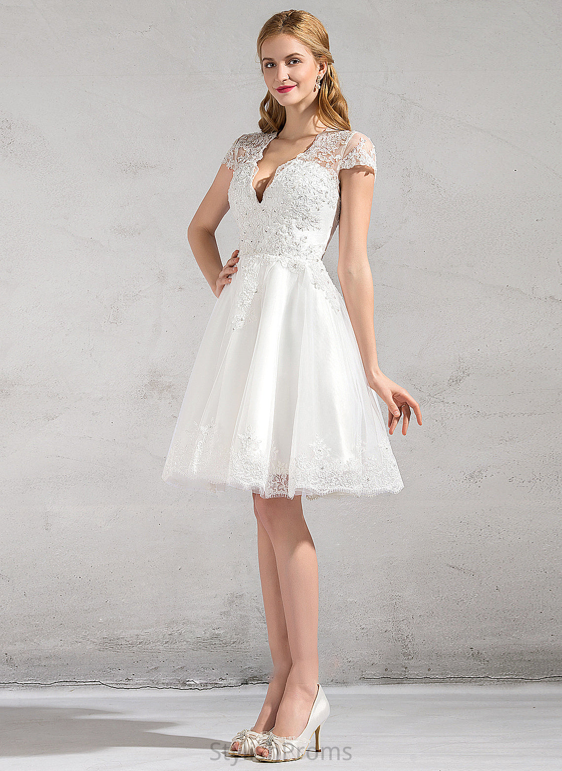 With Sequins A-Line V-neck Knee-Length Wedding Dresses Lace Lace Wedding Beading Dress Tulle Haylie Appliques