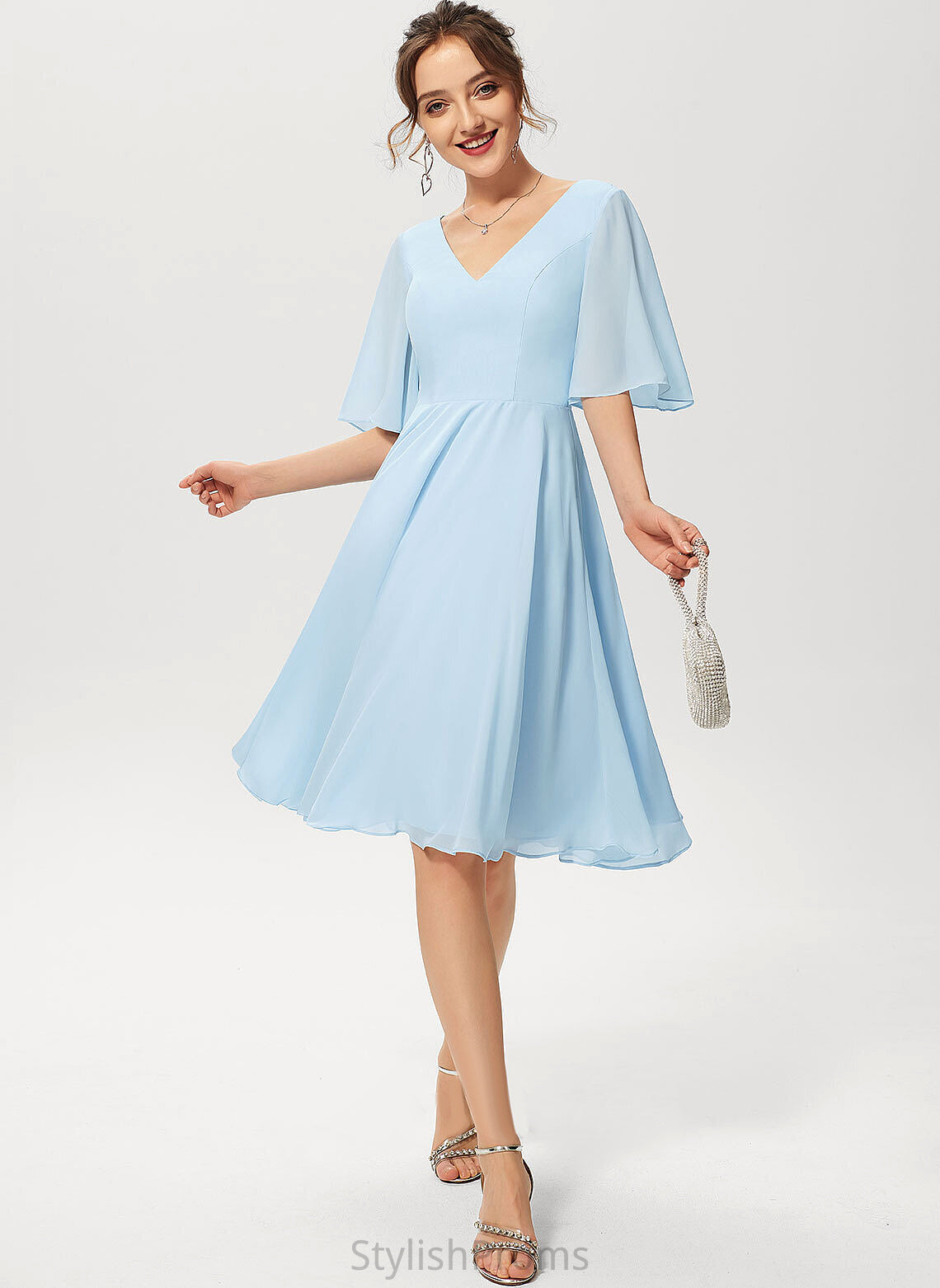 V-neck Dress Knee-Length Chiffon Cocktail A-Line Aliza Cocktail Dresses