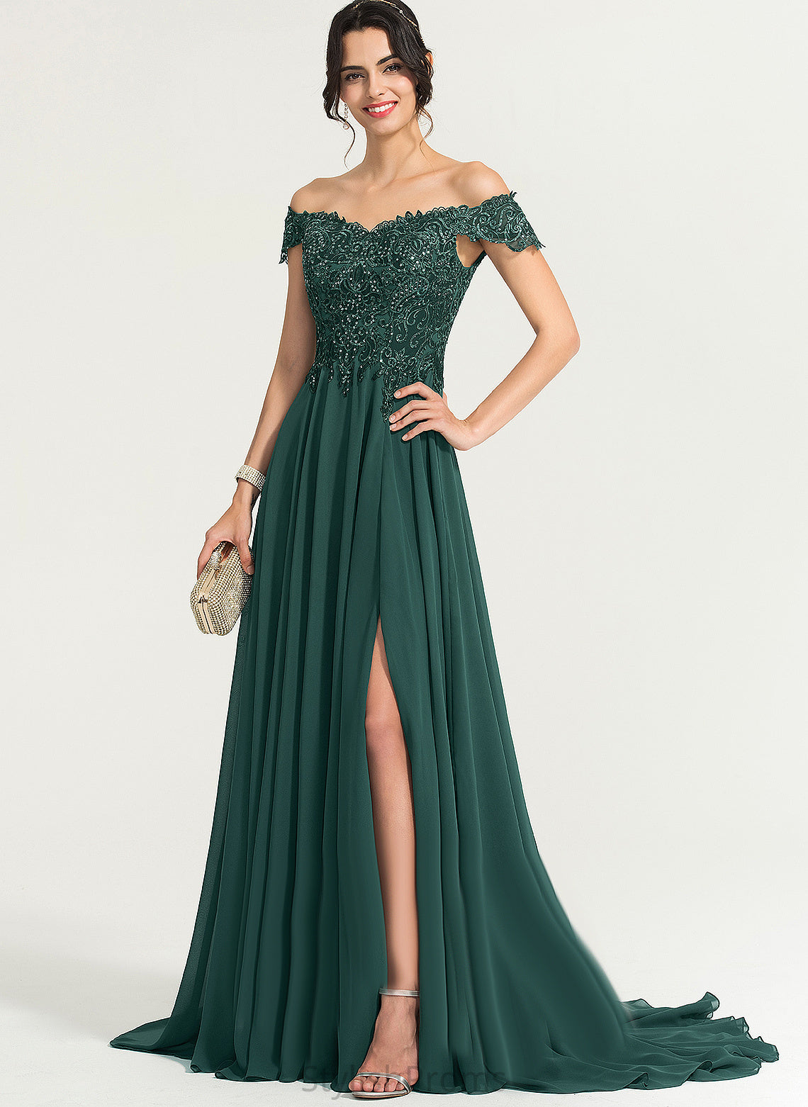 Off-the-Shoulder Chiffon Sweep Lace With Mildred A-Line Sequins Prom Dresses Train