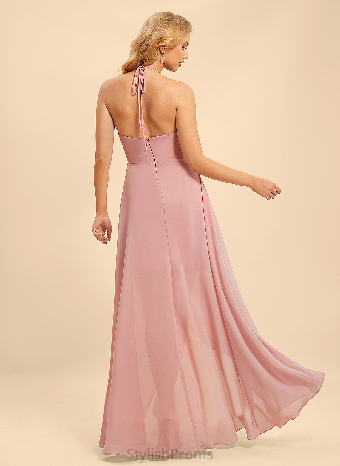 Neckline Silhouette Asymmetrical Fabric Length Embellishment A-Line Ruffle Halter Chaya Sleeveless Trumpet/Mermaid Bridesmaid Dresses