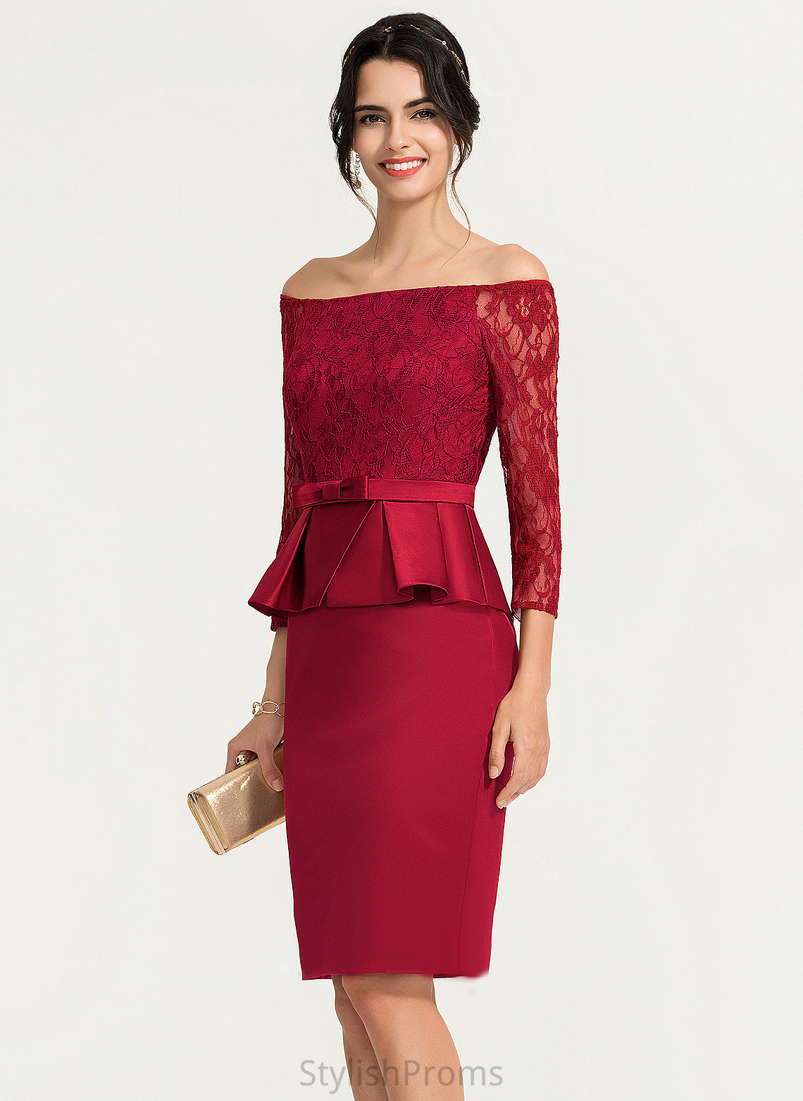 Satin Dress Sheath/Column Knee-Length Cocktail Off-the-Shoulder Cocktail Dresses Lace Eliana