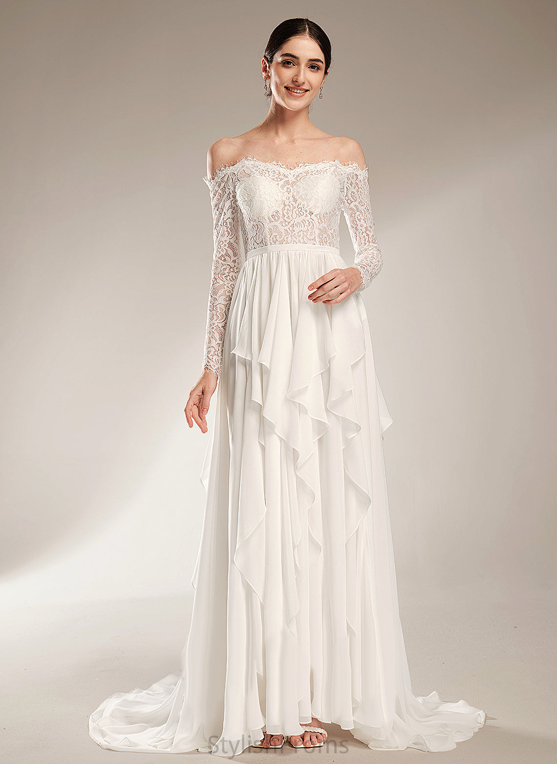 Ruffle Wedding Lace Court Off-the-Shoulder With Chiffon Train Wedding Dresses Madge Dress A-Line