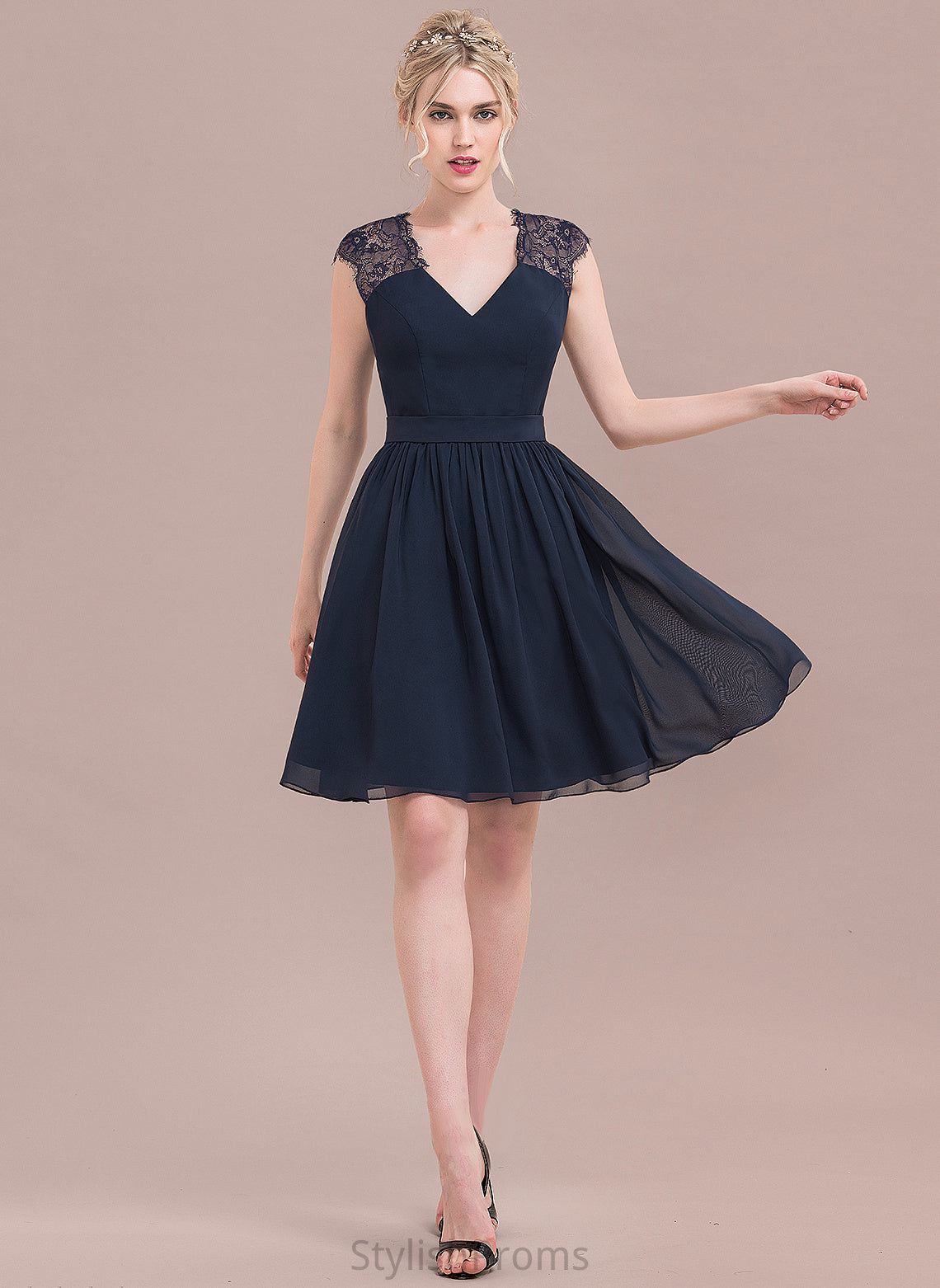 Knee-Length Chiffon Cocktail A-Line Lace Cocktail Dresses Kaitlin V-neck Dress