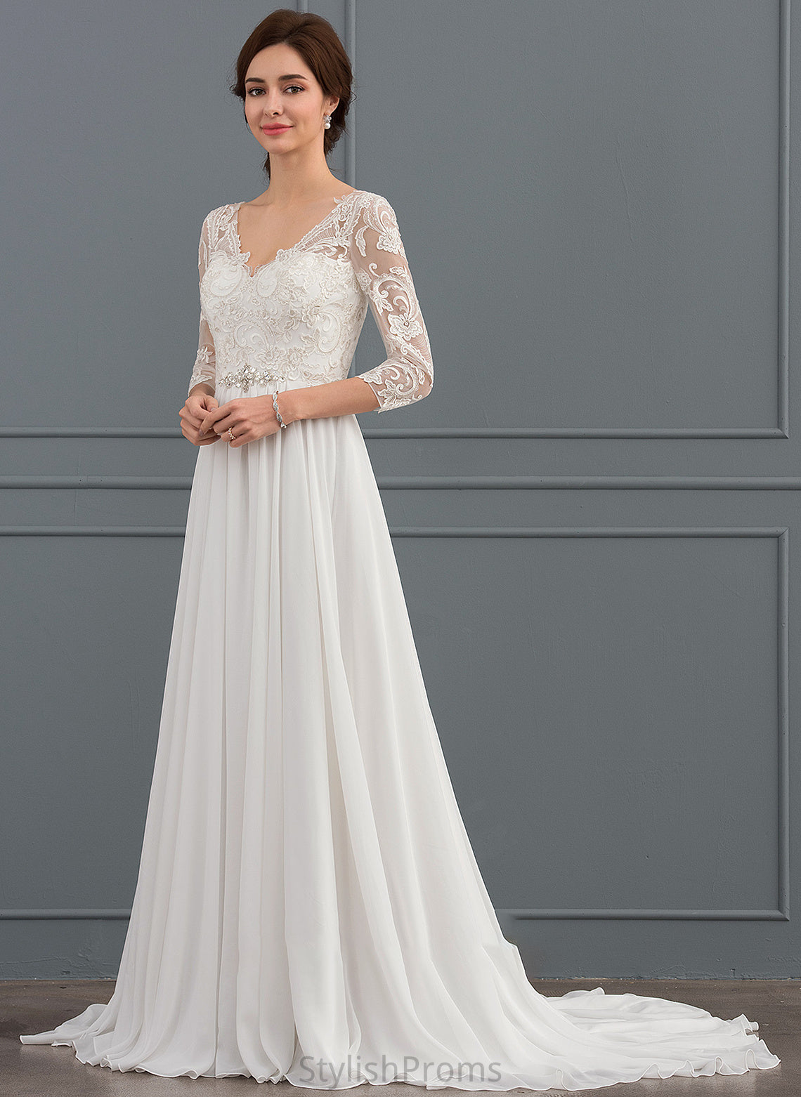 With Lilian V-neck Sequins Beading Wedding Dresses Chiffon Dress A-Line Wedding Train Lace Sweep