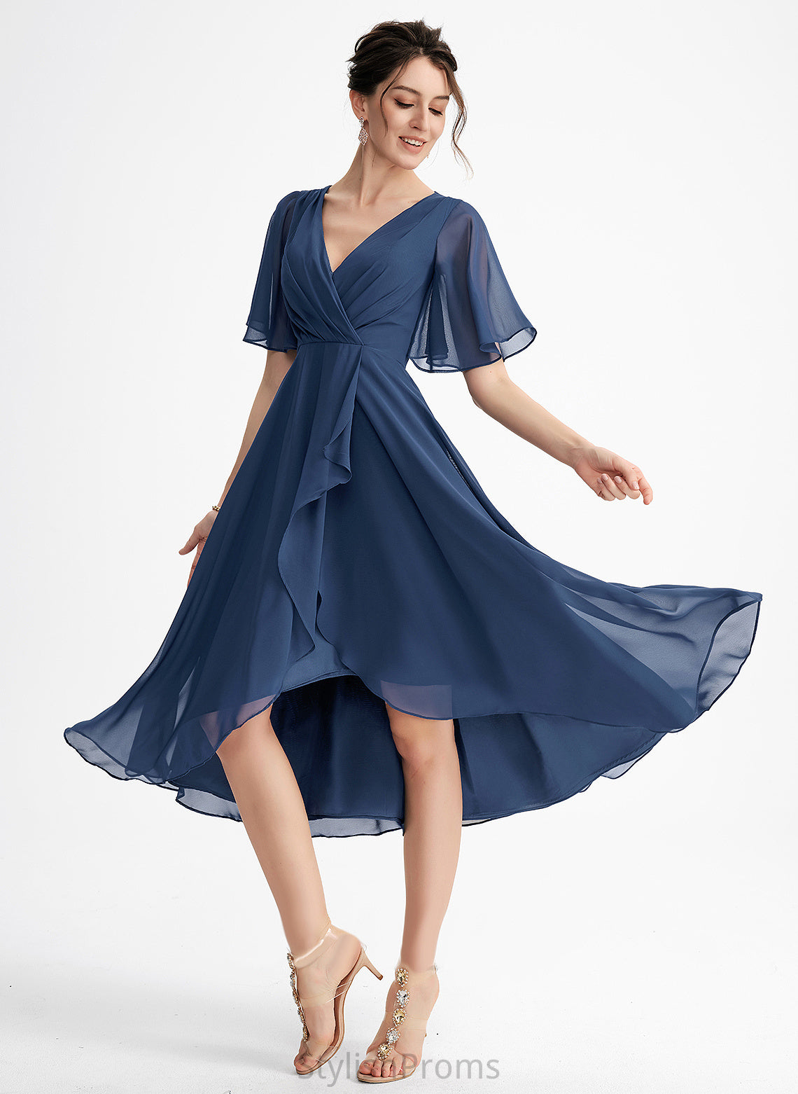 A-Line Asymmetrical Evangeline V-neck Cocktail Dresses Chiffon With Dress Ruffle Cocktail