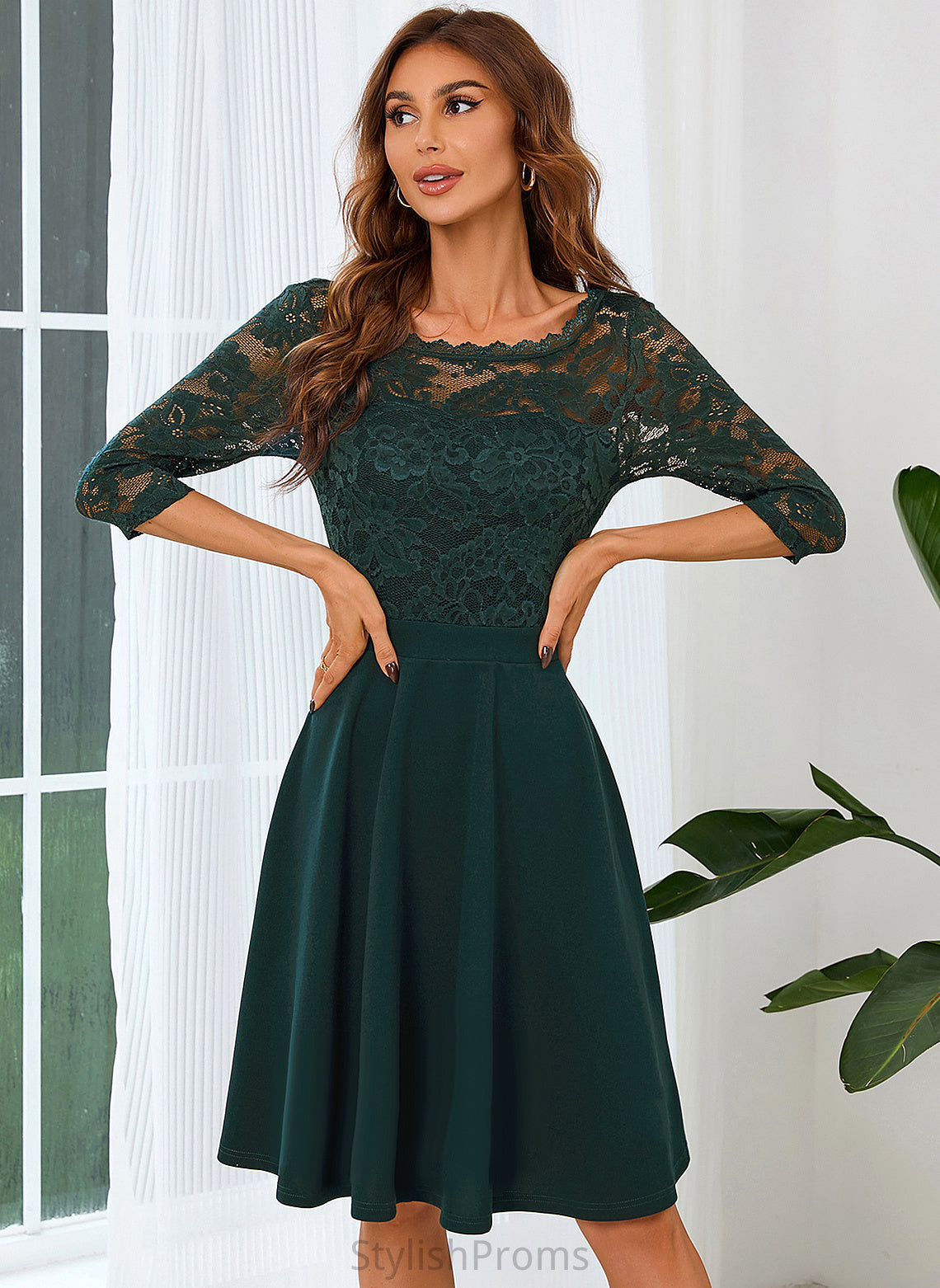 Elegant Blends A-line Dresses Lace Sleeves Club Dresses 3/4 Round Lailah Cotton Neck Mini