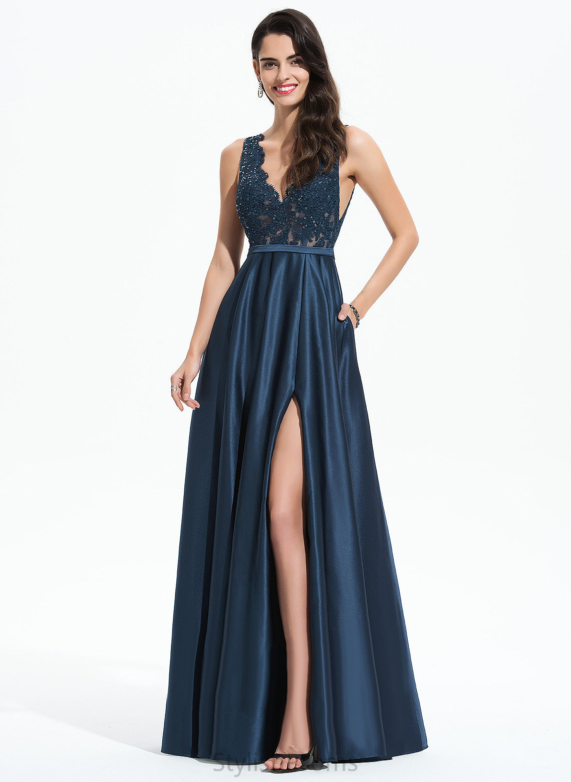 A-Line Satin Prom Dresses V-neck Floor-Length Sequins Amari With Lace