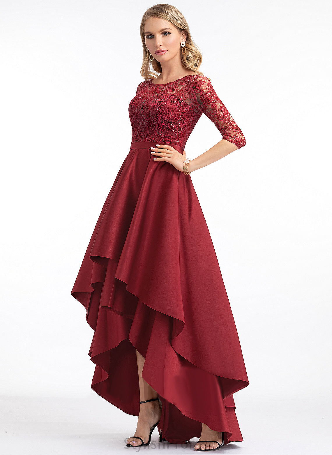 A-line Asymmetrical Round Satin Satin Neck 1/2 Dresses Sleeves Sequins Club Dresses Lace Rosa