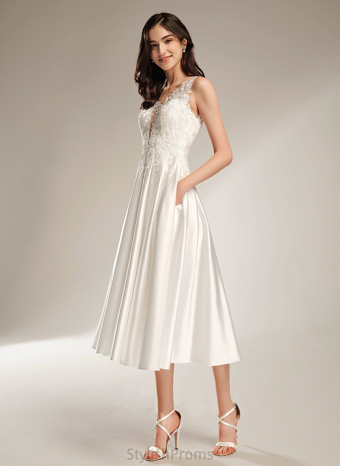 Tea-Length Satin Michaelia A-Line With Wedding Pockets Wedding Dresses Lace Dress V-neck