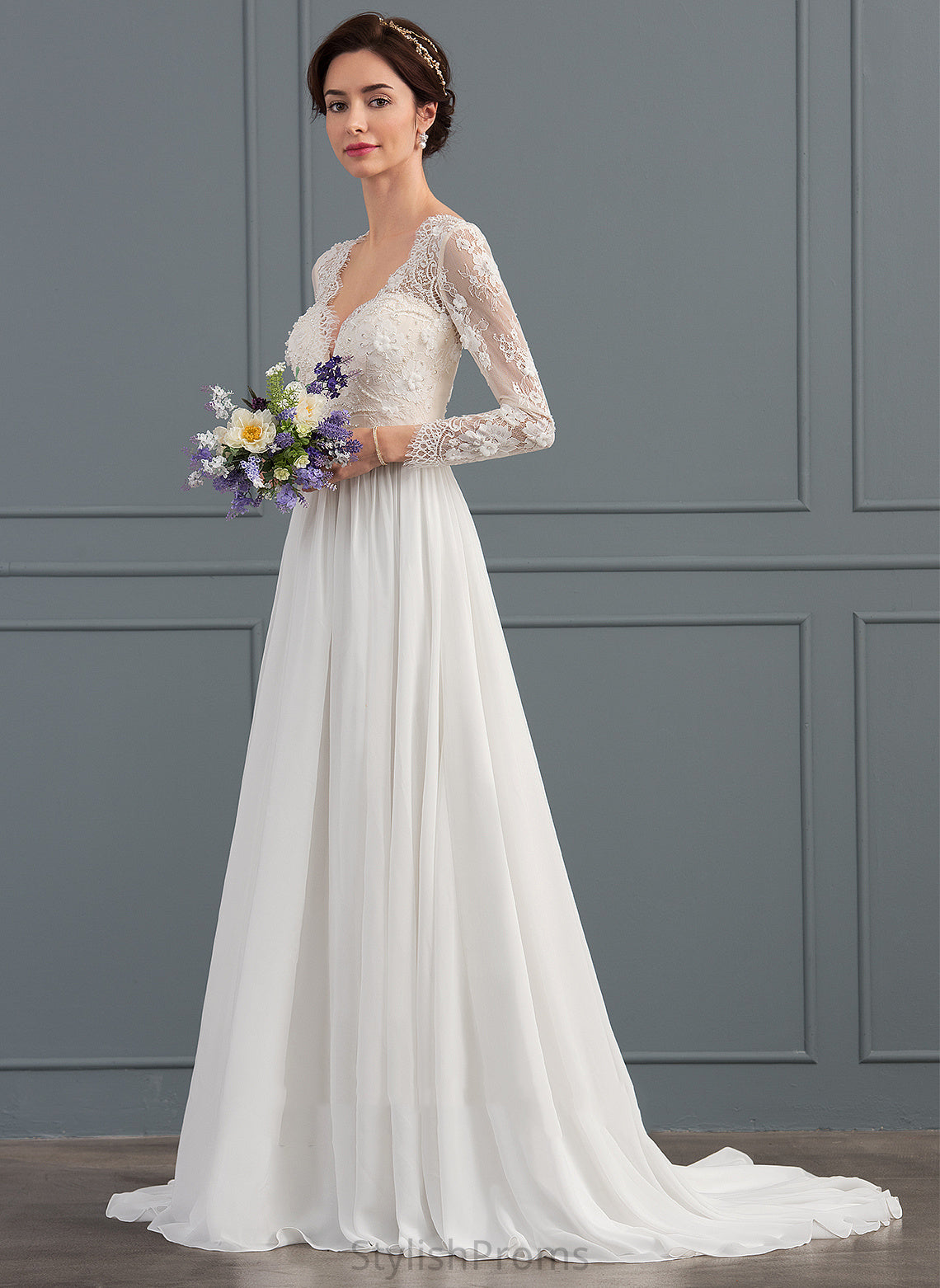 With Sweep Beading Dress A-Line Chiffon Wedding Dresses Train Lace Wedding Stella V-neck Sequins