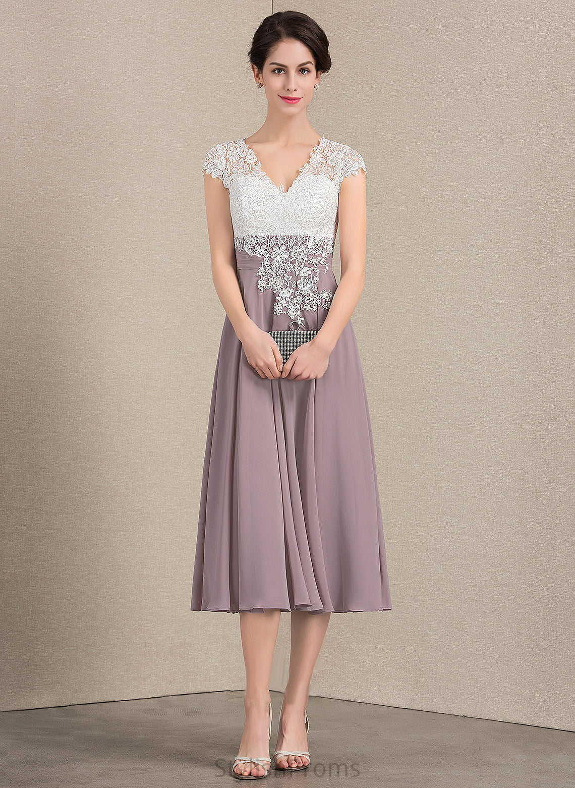 Cocktail V-neck Dress Tea-Length Briana Lace Cocktail Dresses A-Line Chiffon