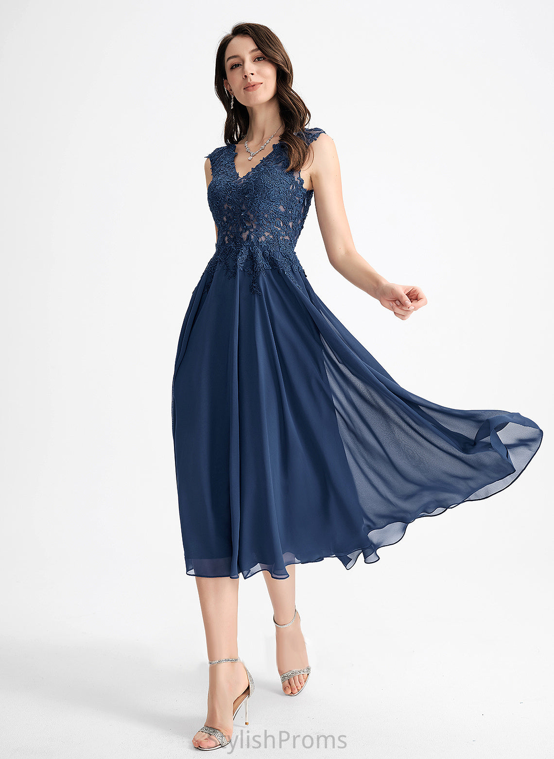 V-neck Cocktail Lace A-Line Isabela Dress Tea-Length Chiffon Cocktail Dresses