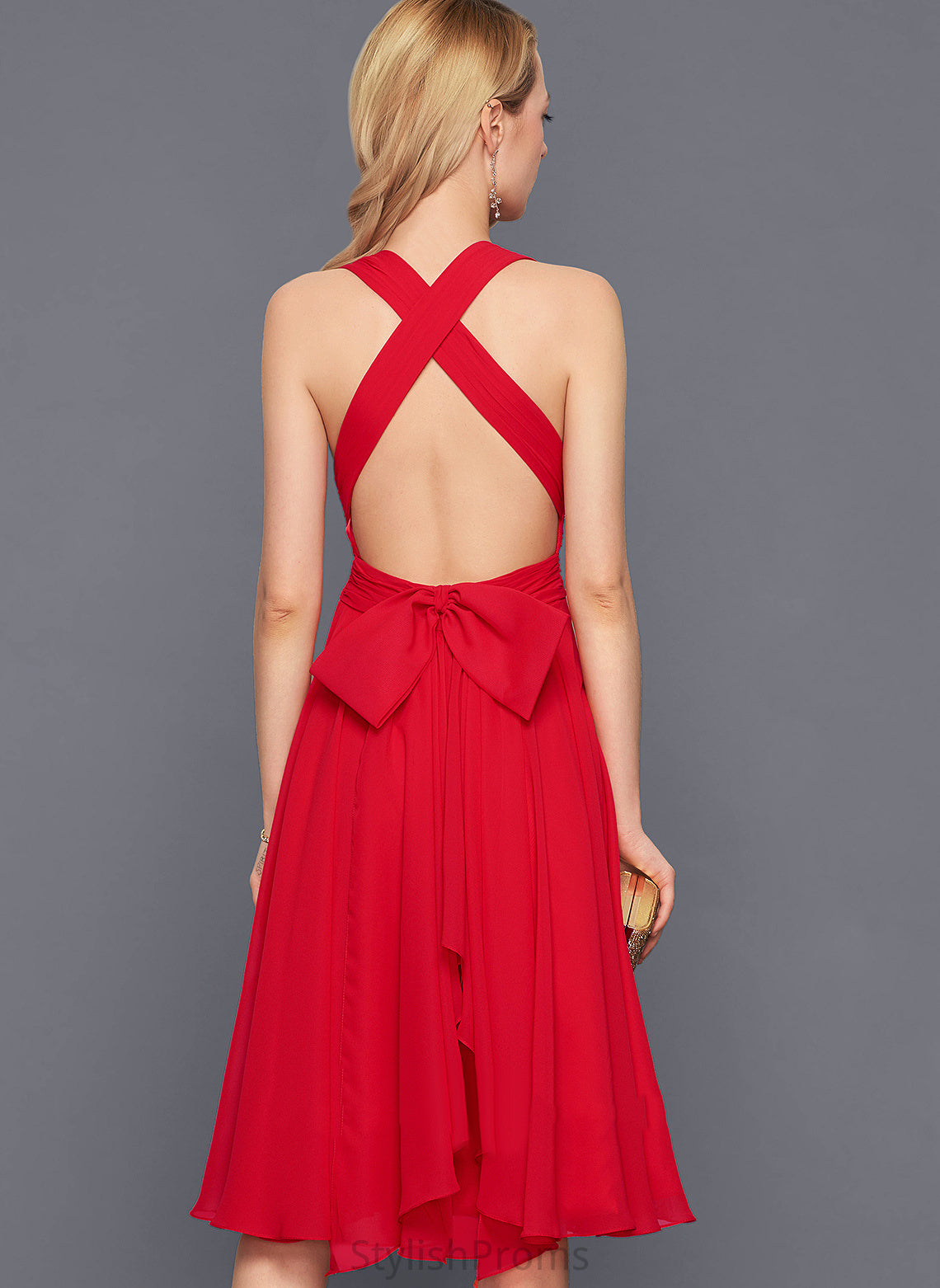 V-neck Dress Knee-Length Chiffon Cocktail A-Line Cocktail Dresses Ruffle Cierra With Bow(s)