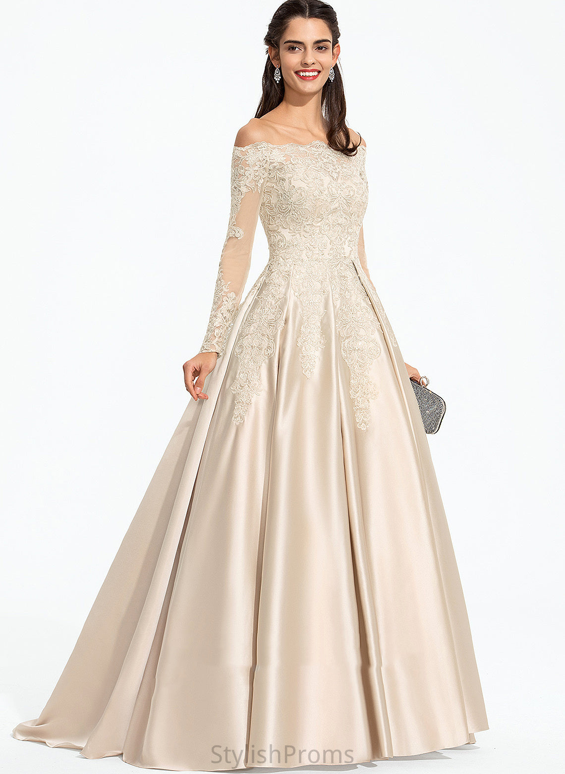 Off-the-Shoulder Sequins Ball-Gown/Princess With Satin Train Lace Prom Dresses Sweep Nancy