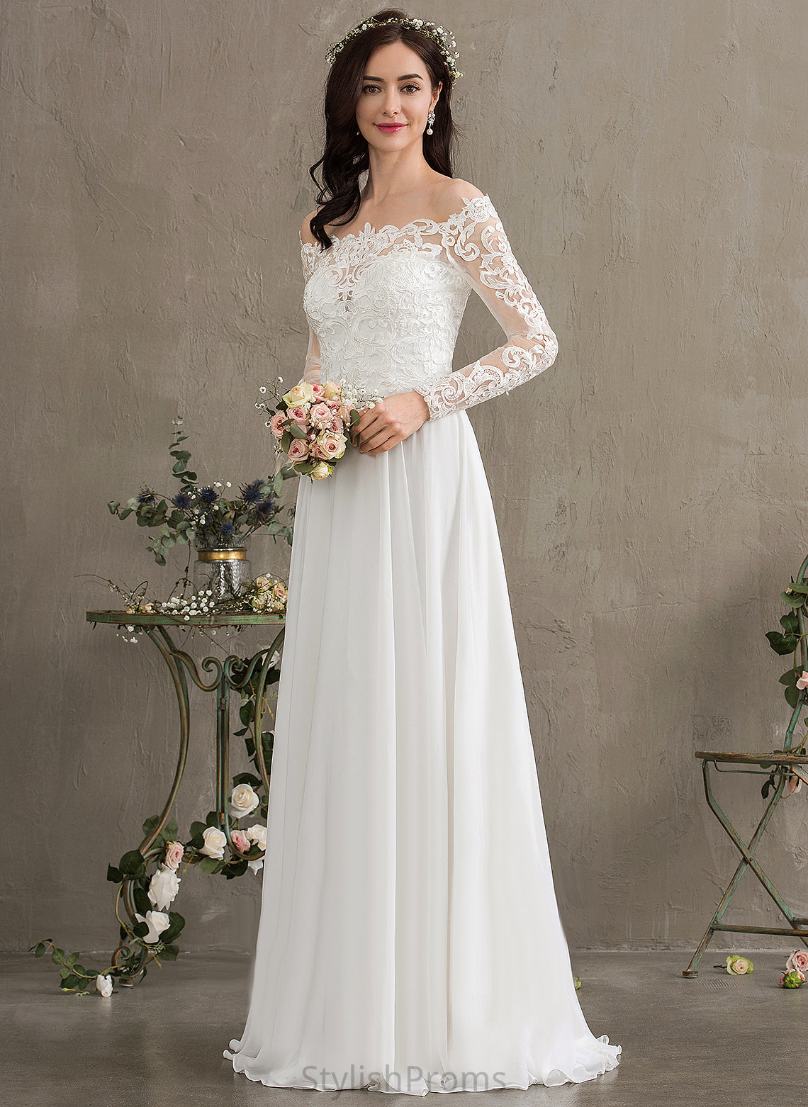 Off-the-Shoulder Karley Wedding Floor-Length Dress Wedding Dresses Lace A-Line Chiffon