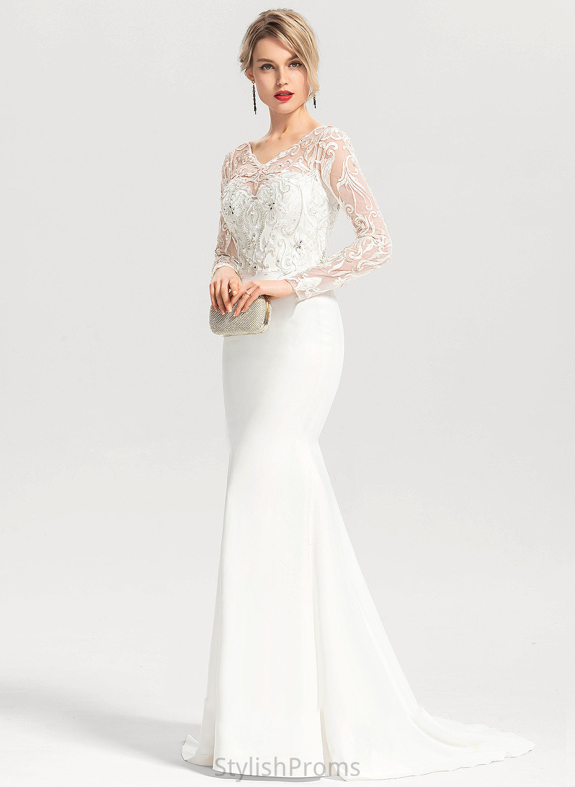 Wedding Dresses Dress Lace Train Sequins V-neck With Sweep Crepe Stretch Wedding Trumpet/Mermaid Beading Vanessa