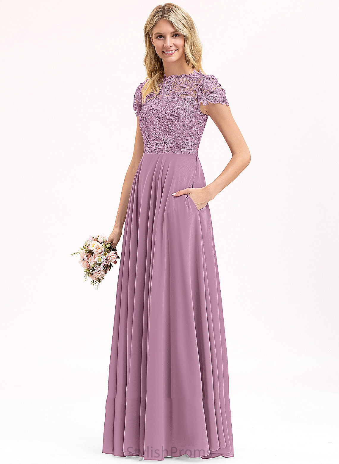 Scoop Neckline Length Silhouette A-Line Fabric Floor-Length Lace Straps&Sleeves Meredith Natural Waist V-Neck Bridesmaid Dresses