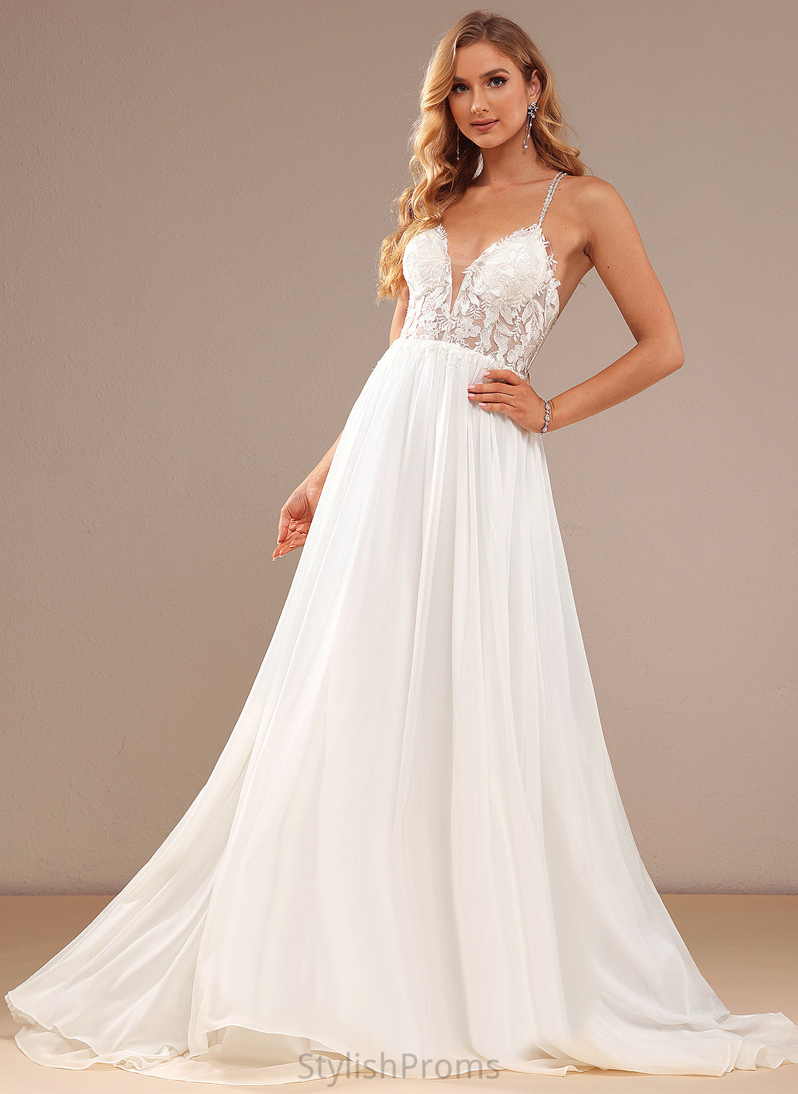 Train Sequins V-neck Wedding Dresses Lace Wedding Beading Chiffon Kailee A-Line Sweep Dress With