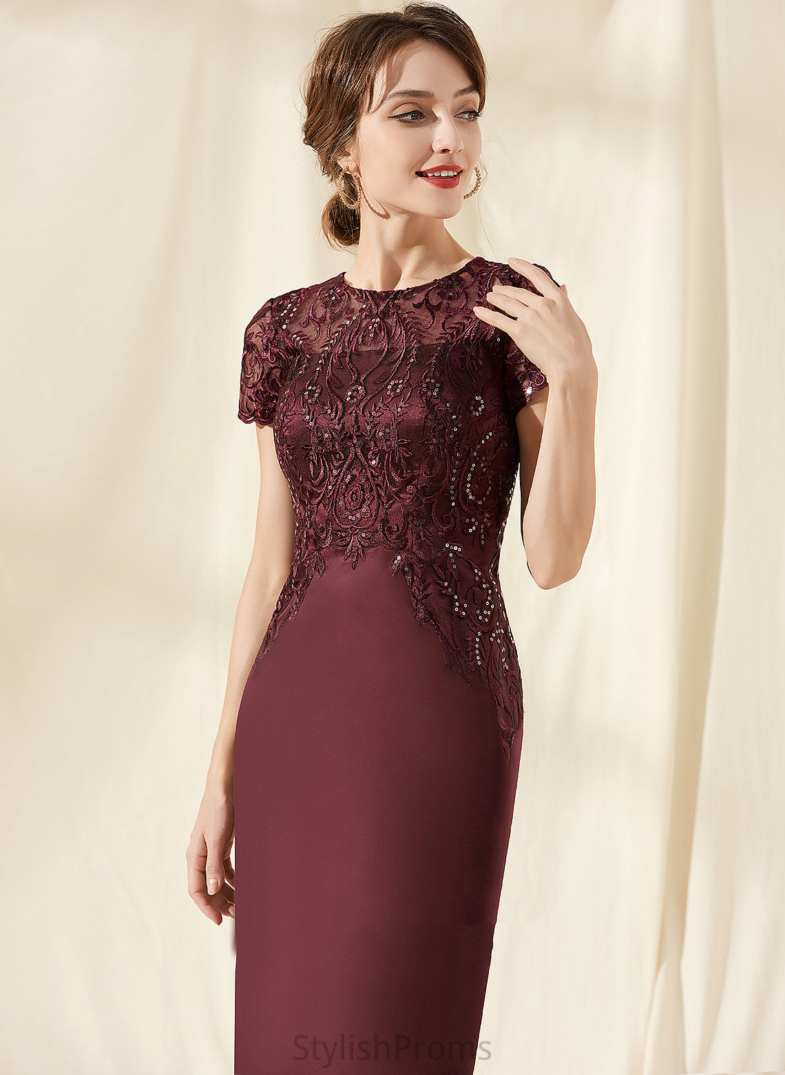 Scoop Cocktail Dresses Sequins Dress Sheath/Column With Cocktail Lace Neck Satin Jakayla Knee-Length