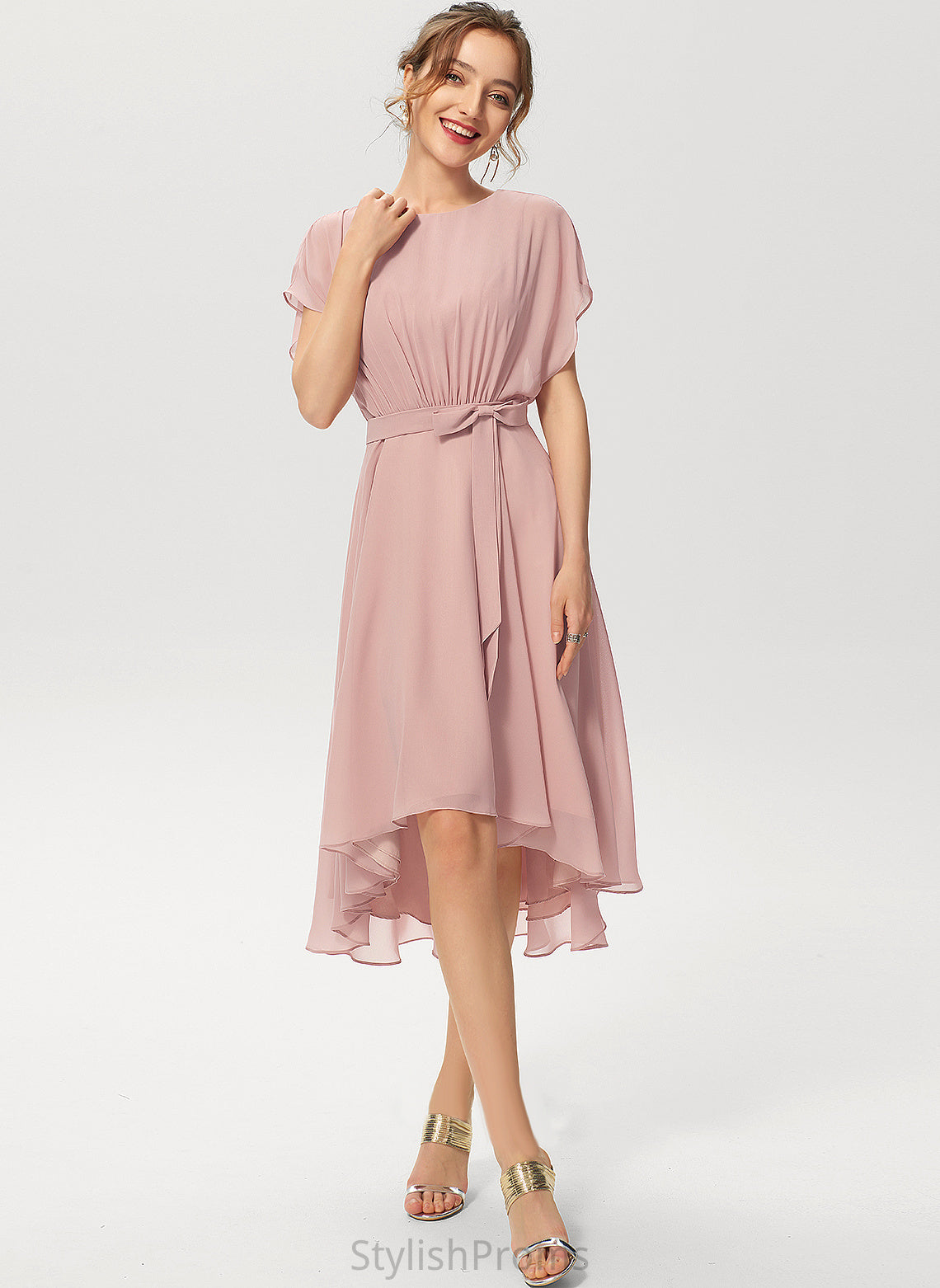 Scoop Bow(s) Chiffon Neck With Cocktail Shayla Ruffle Cocktail Dresses Asymmetrical Dress A-Line