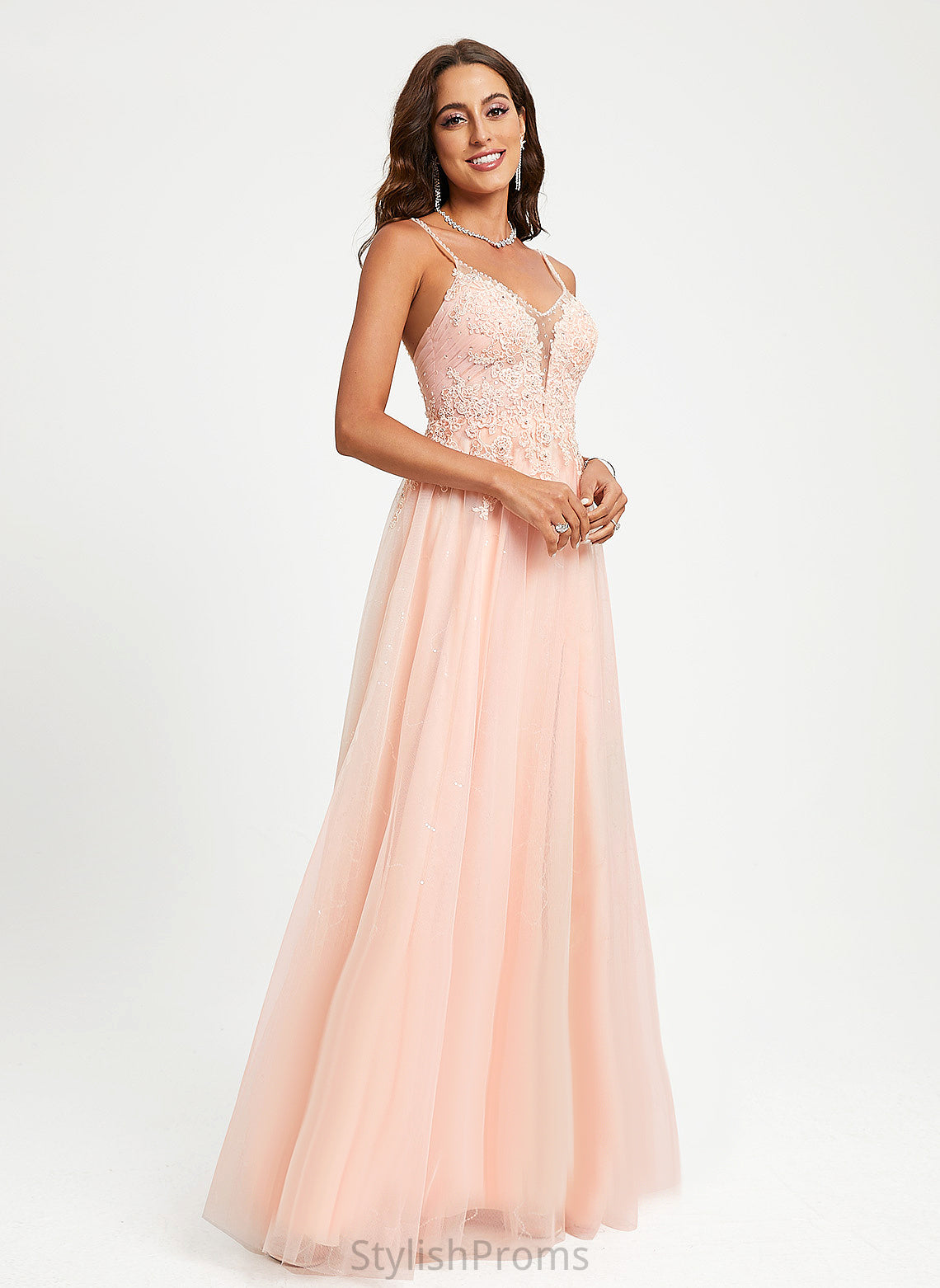 Sequins V-neck Tulle Lace Ball-Gown/Princess With Floor-Length Prom Dresses Adelyn Beading