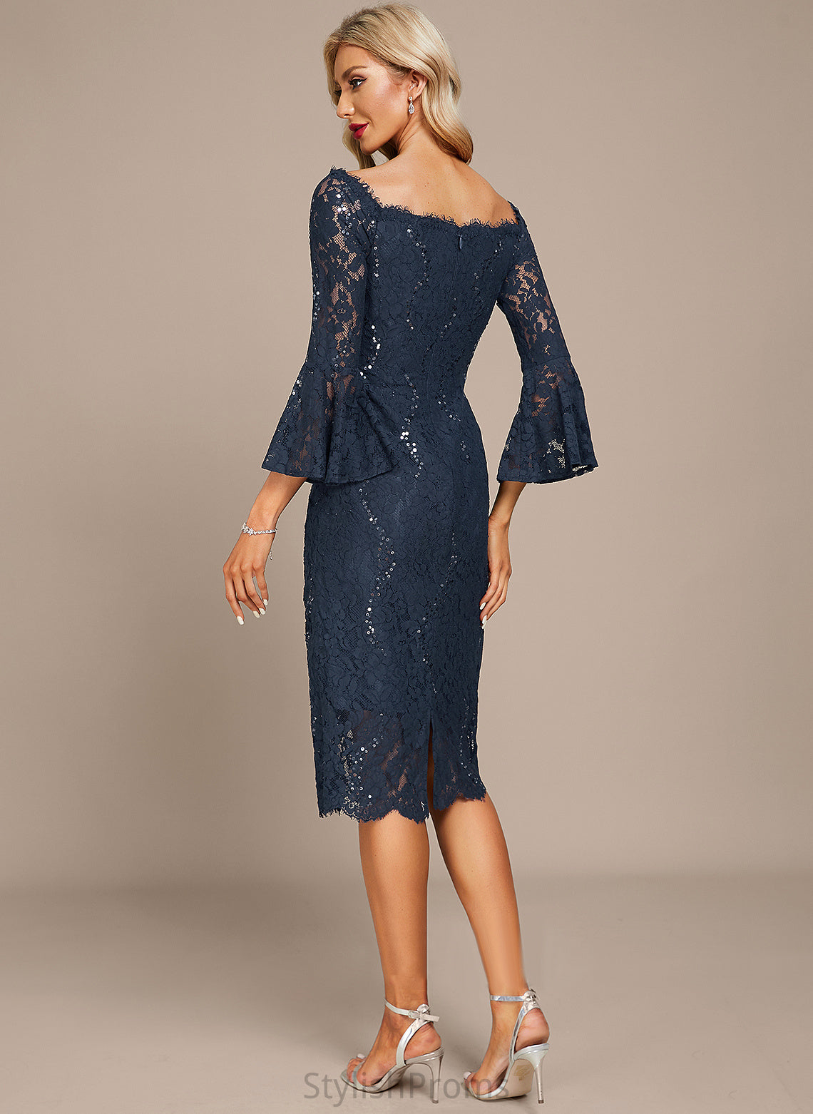 Sequins Knee-Length Emery Lace Cocktail Dresses With Off-the-Shoulder Cocktail Dress Sheath/Column