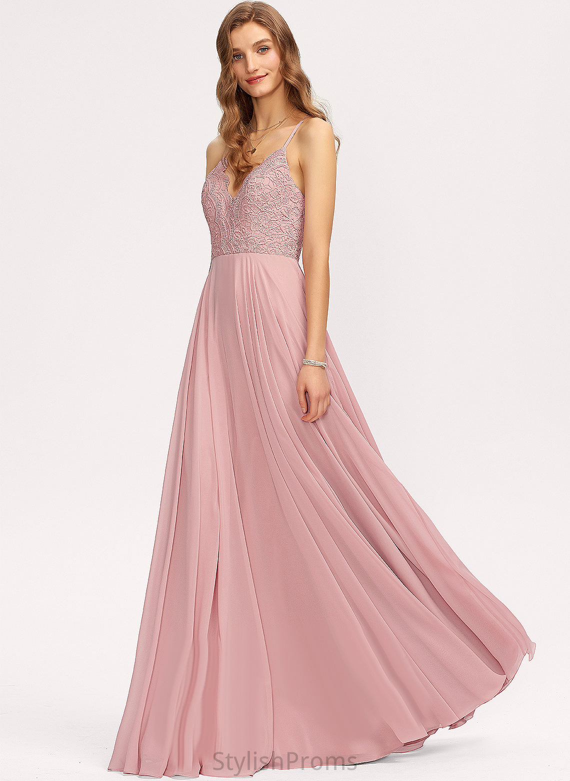 Lace Prom Dresses Chiffon Tina Floor-Length A-Line V-neck