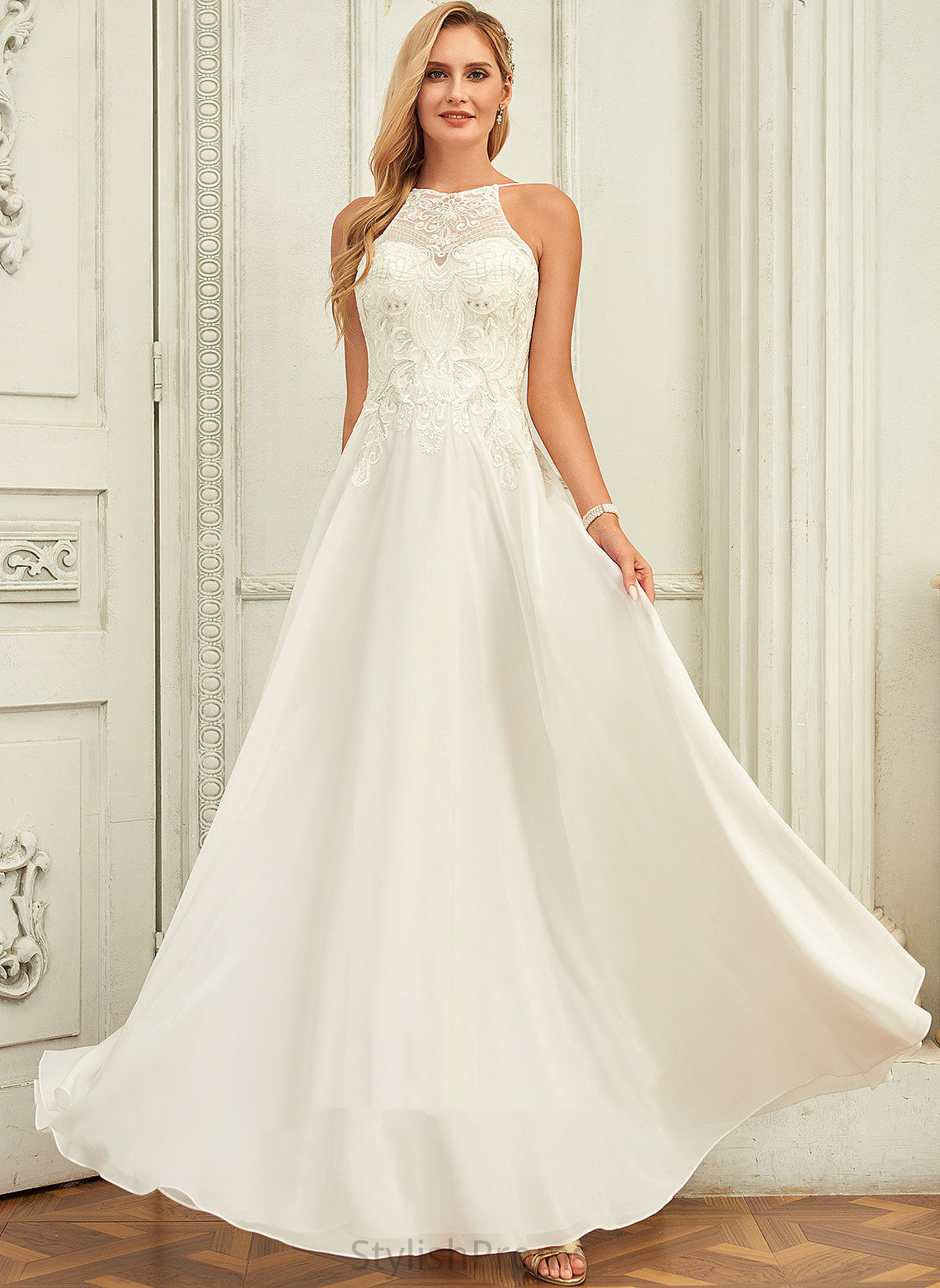 Wedding Dress Floor-Length Chiffon Kristen A-Line Lace Wedding Dresses Scoop