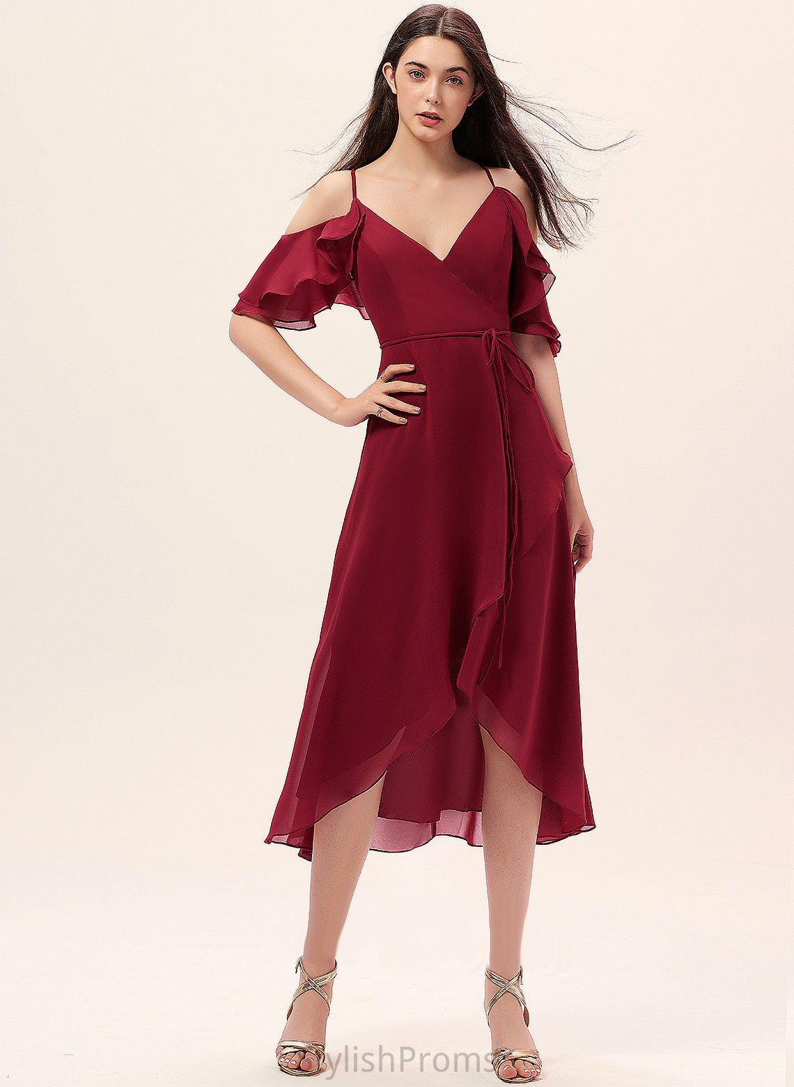 V-neck With Phoenix Cascading Chiffon A-Line Dress Cocktail Asymmetrical Cocktail Dresses Ruffles