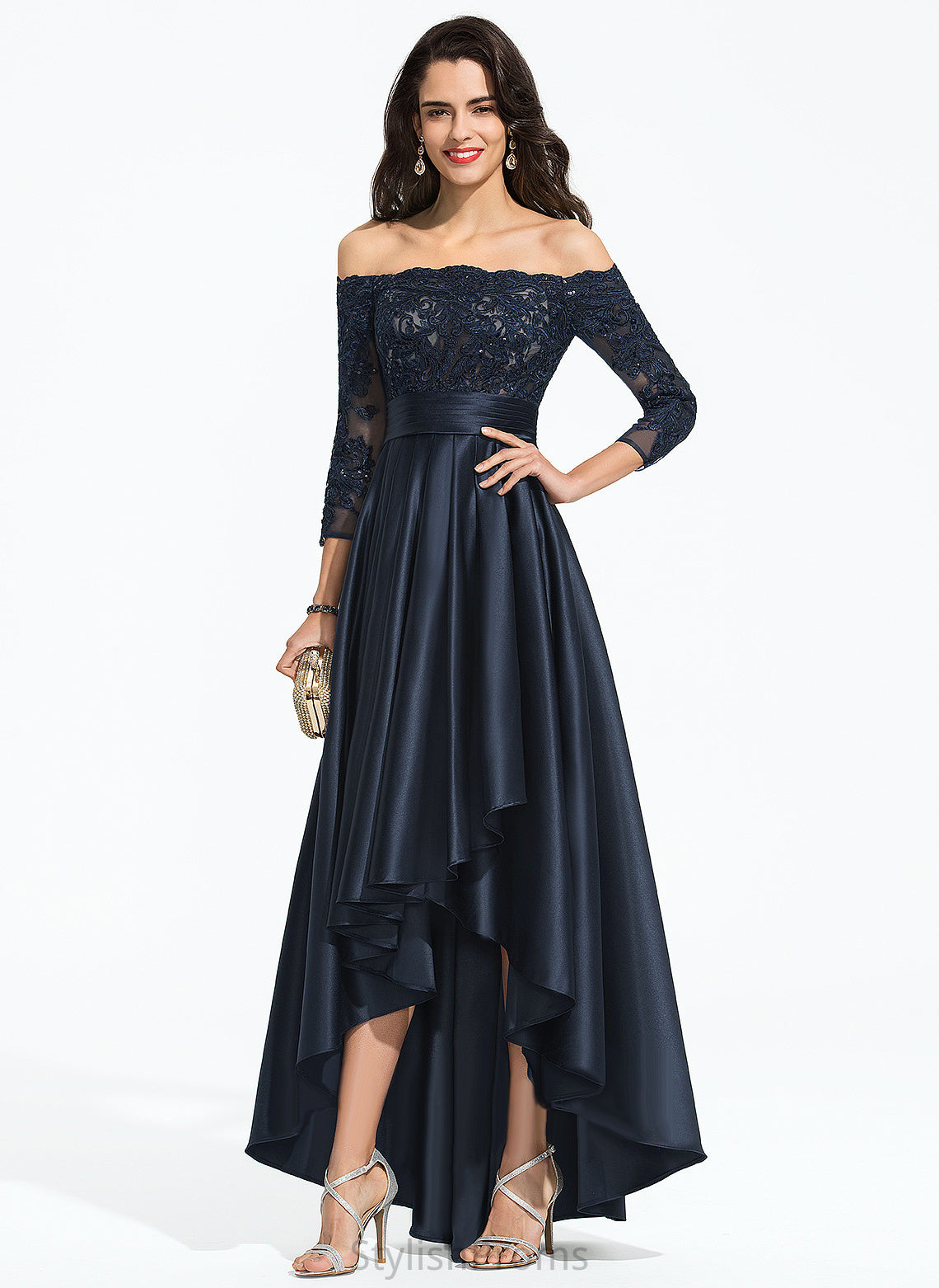 Cassandra With Asymmetrical A-Line Sequins Lace Ruffles Prom Dresses Satin Cascading Off-the-Shoulder