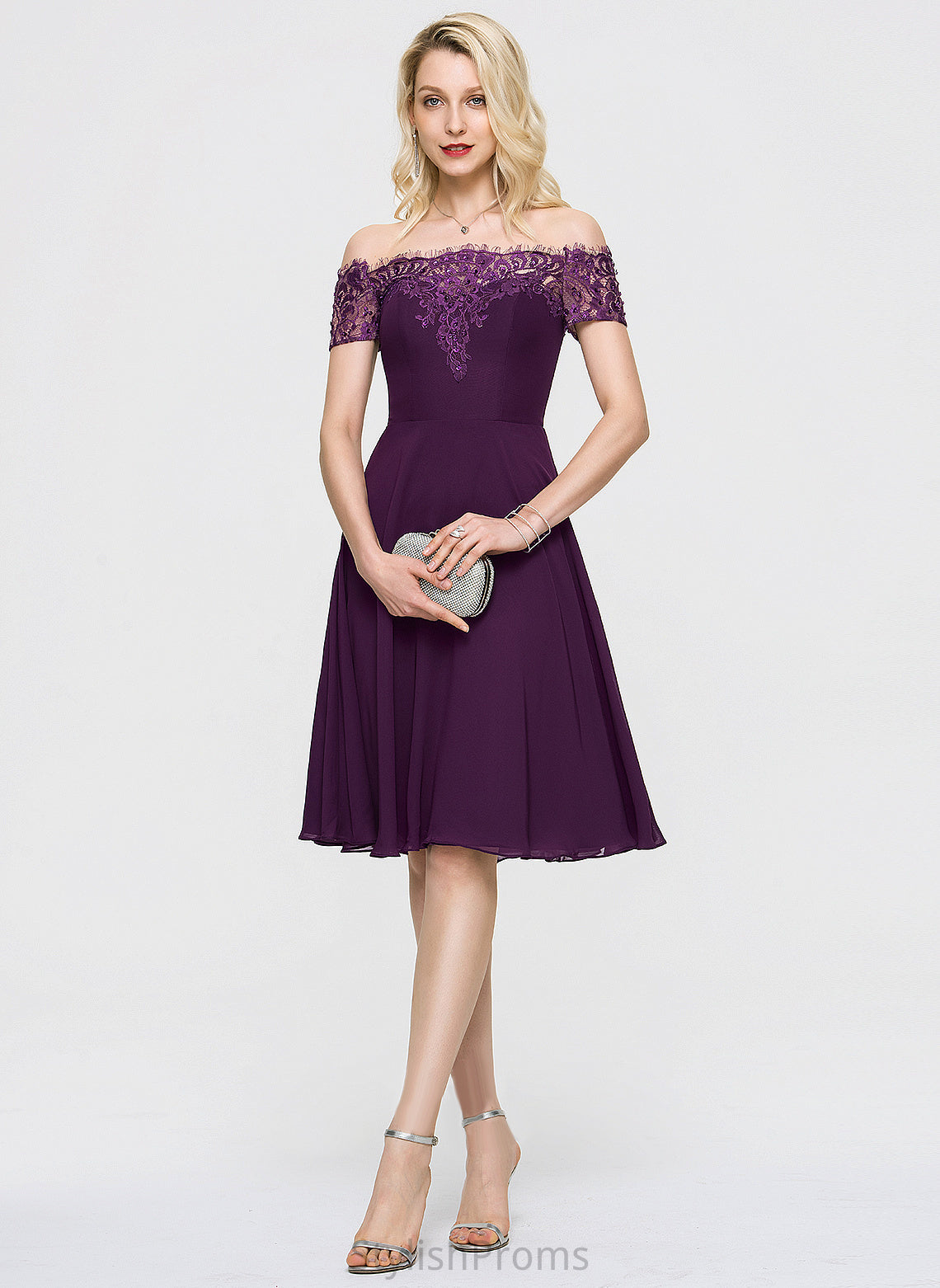 Lace Dress With Beading Off-the-Shoulder Lace Kendal Chiffon Cocktail Knee-Length Cocktail Dresses A-Line