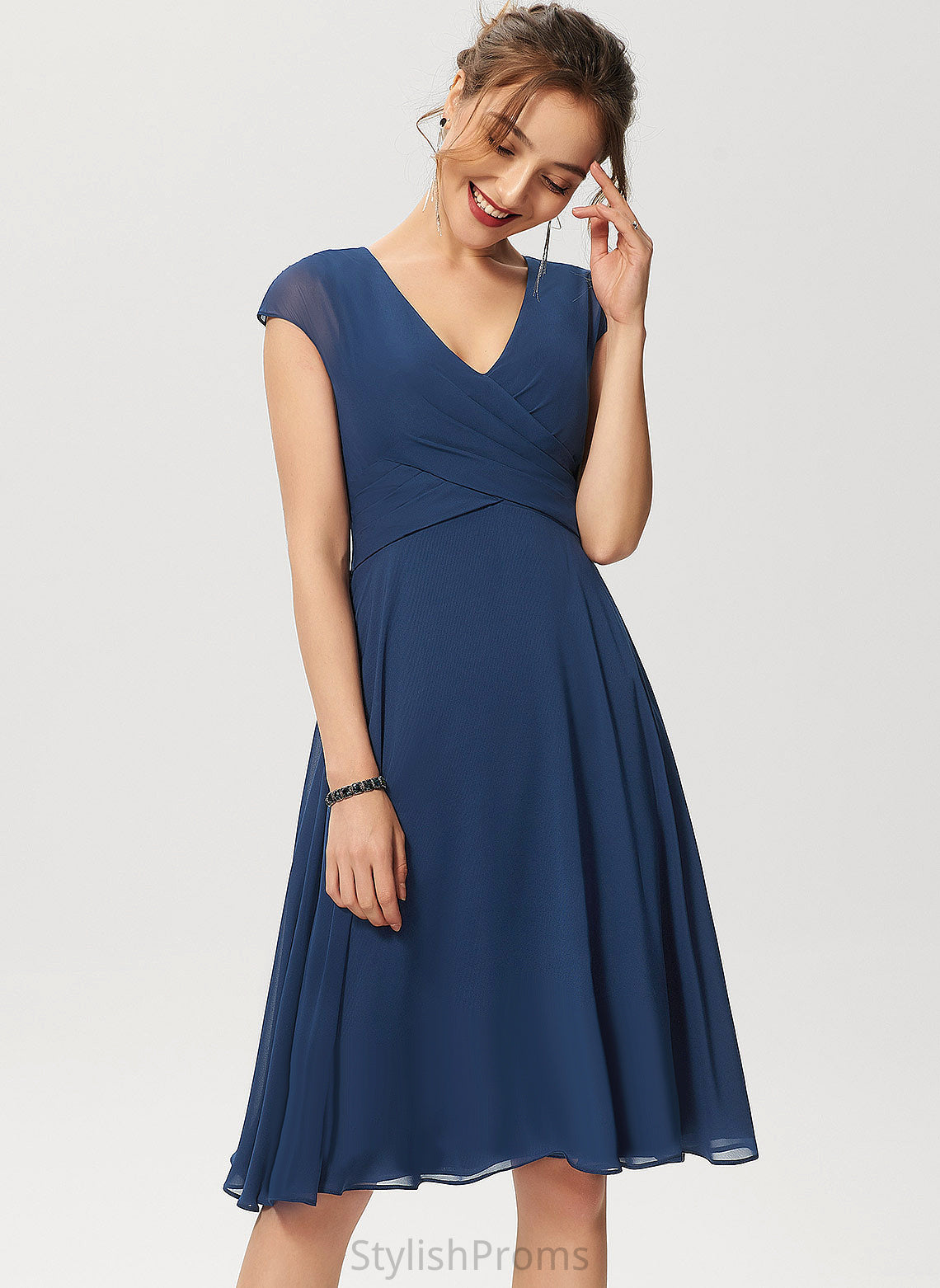 Ruffle Chiffon Cocktail A-Line Sahna Dress V-neck With Cocktail Dresses Knee-Length