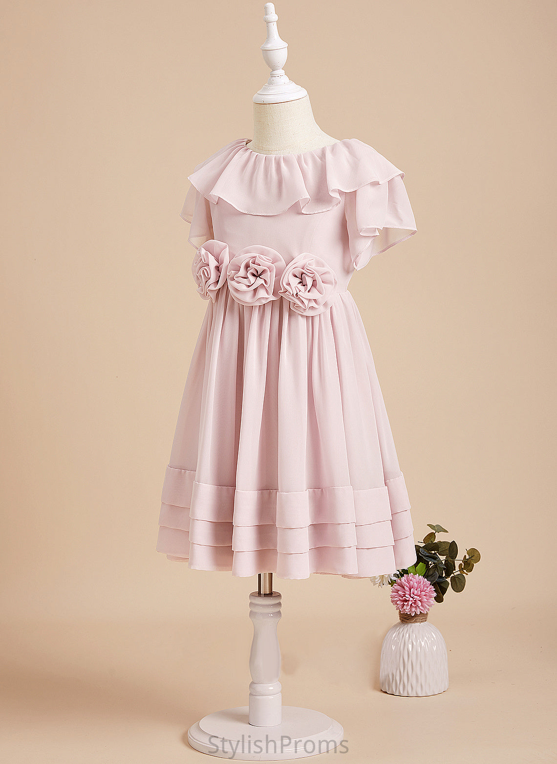 Scoop Back Neck Flower Ruffles/Flower(s)/V Short With Sleeves Chiffon Girl Dress - Flower Girl Dresses Armani A-Line Knee-length