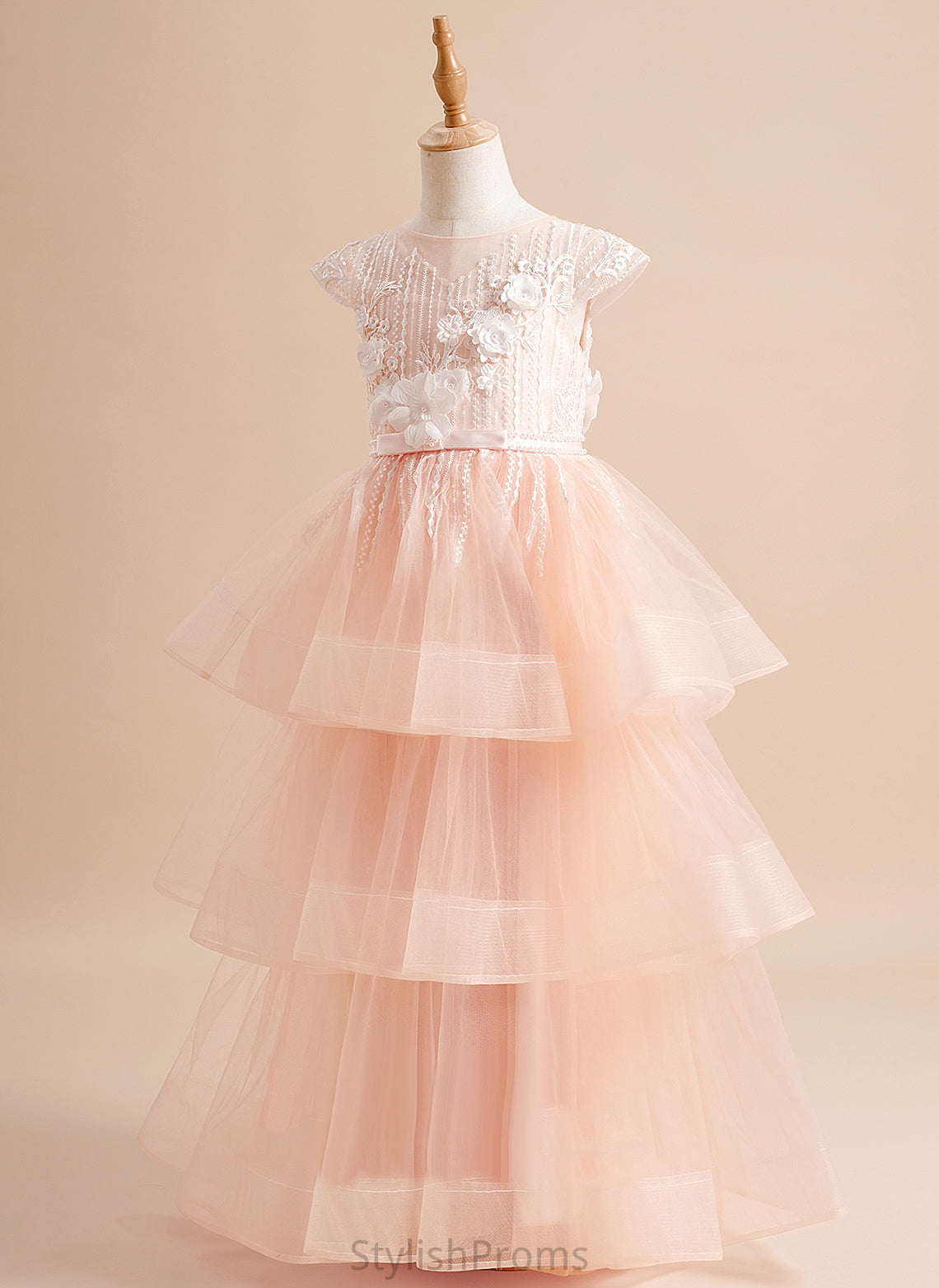 Jenna Flower Girl Dresses Ball-Gown/Princess Girl Neck - Short Dress Flower Floor-length Scoop Sleeves Tulle Beading/Flower(s)/Bow(s) With