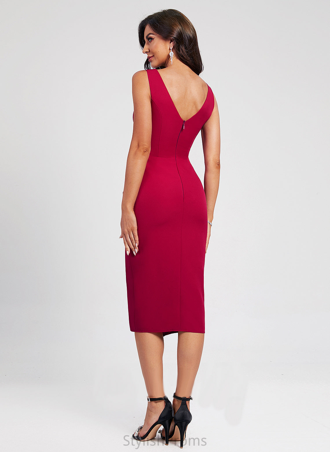 Mercedes Split Bodycon Crepe Cocktail V-neck With Ruffle Stretch Club Dresses Dress Front Knee-Length