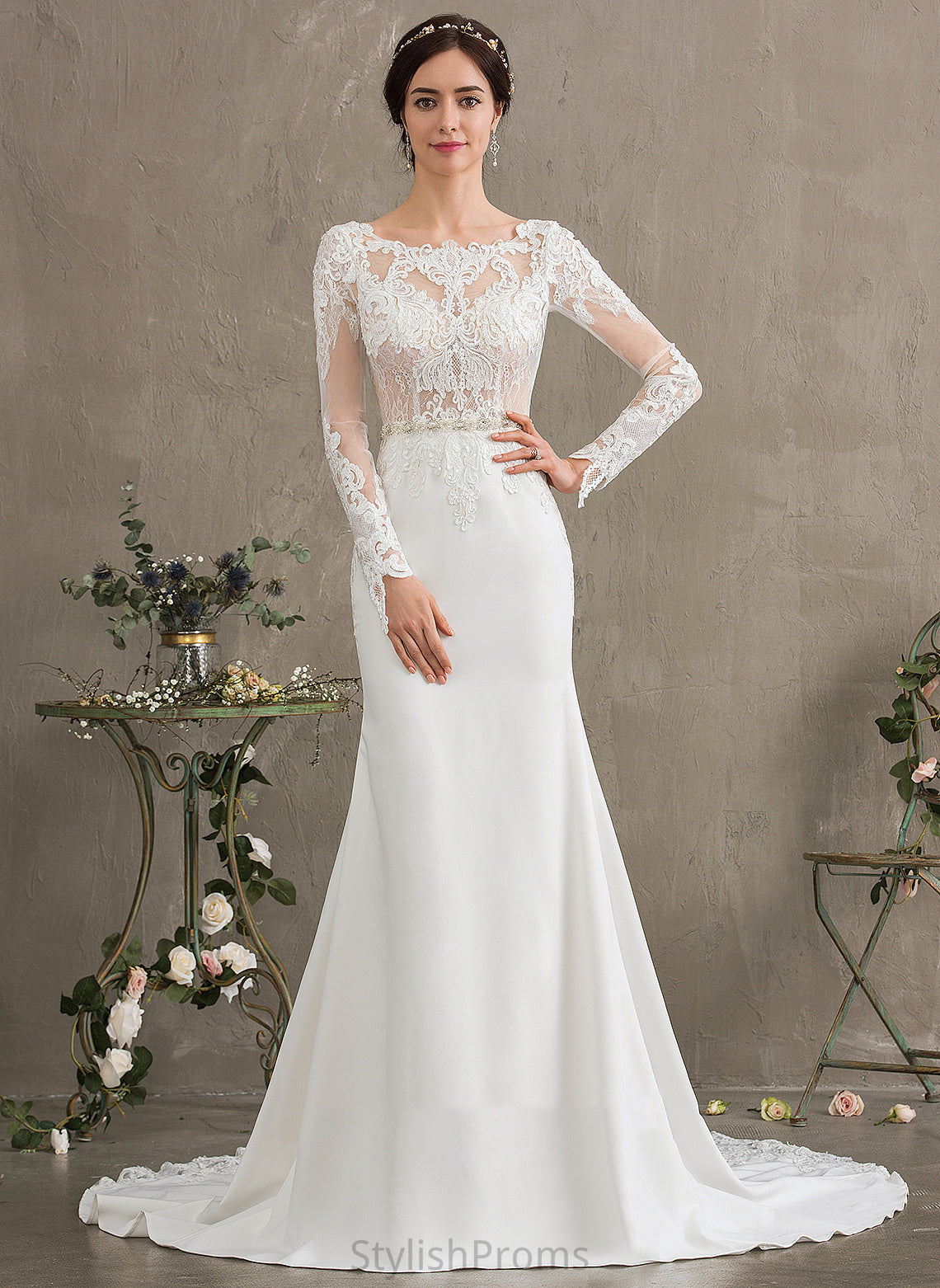 With Neck Lace Sequins Dress Beading Stretch Lindsey Wedding Dresses Scoop Chapel Wedding Trumpet/Mermaid Crepe Train