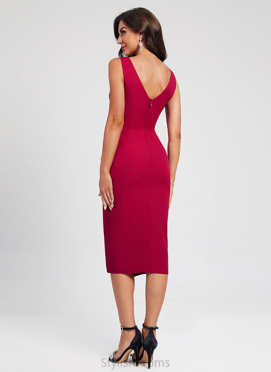 Dress Cocktail With Crepe Ruffle Knee-Length V-neck Sheath/Column Stretch Split Cocktail Dresses Front Carla